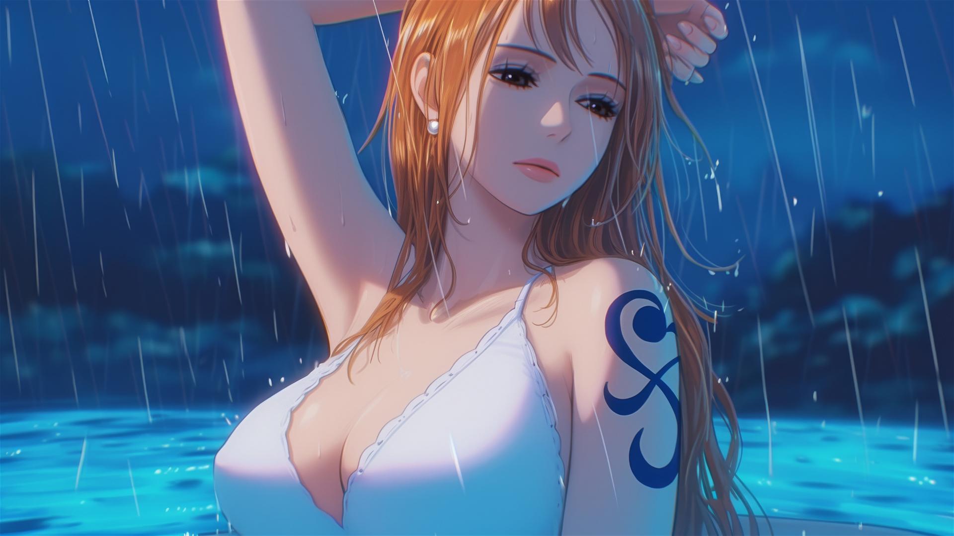 Nami from One Piece relaxing in a tub with moonlight and rain