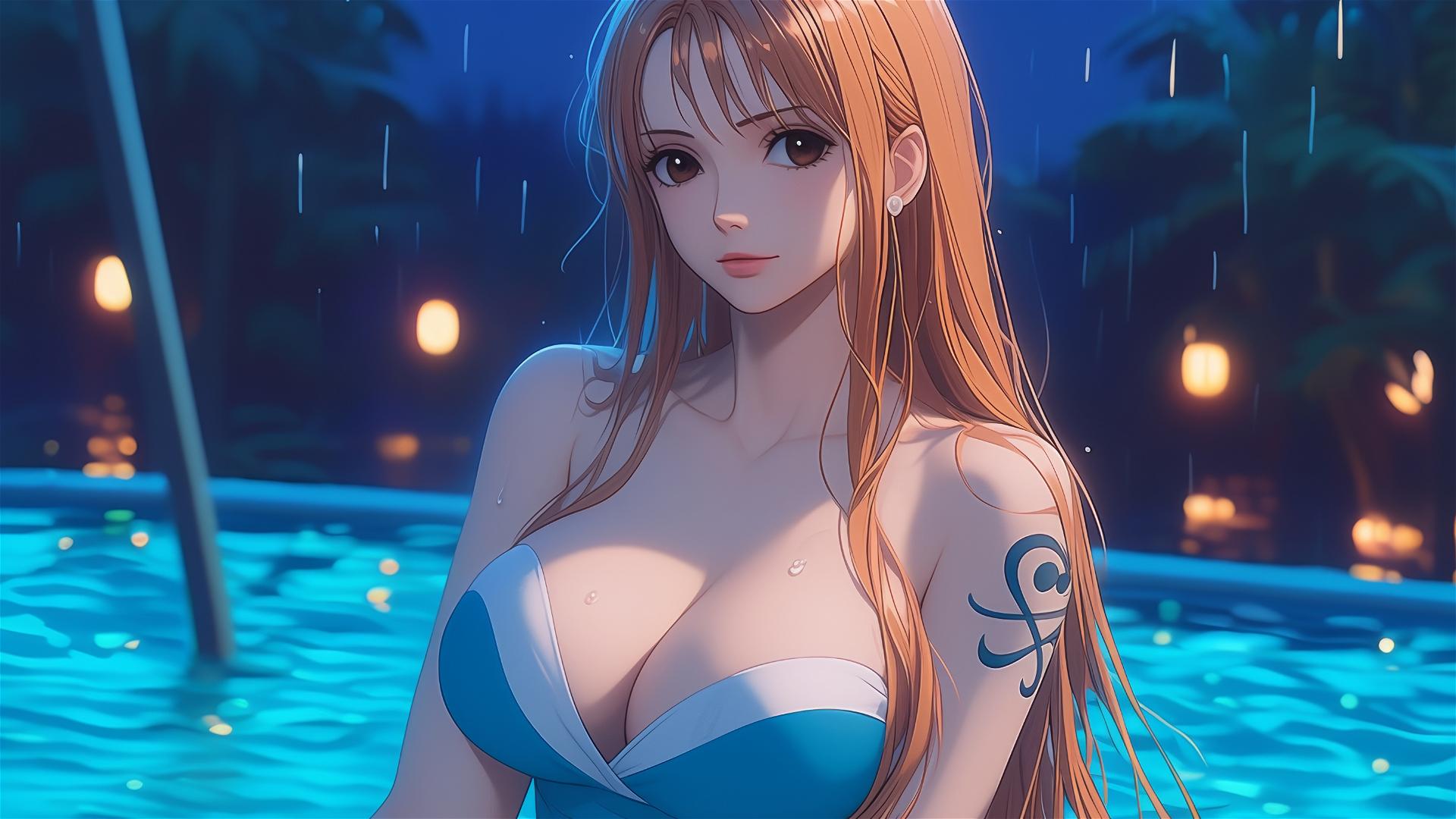 Nami from One Piece leisurely resting in tub, moon light casting a soft glow, during a rainy night