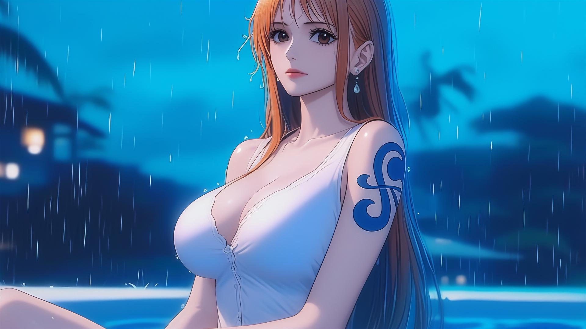 Nami from One Piece resting in tub under moonlight with touch of rain, showing her orange hair and light brown eyes.