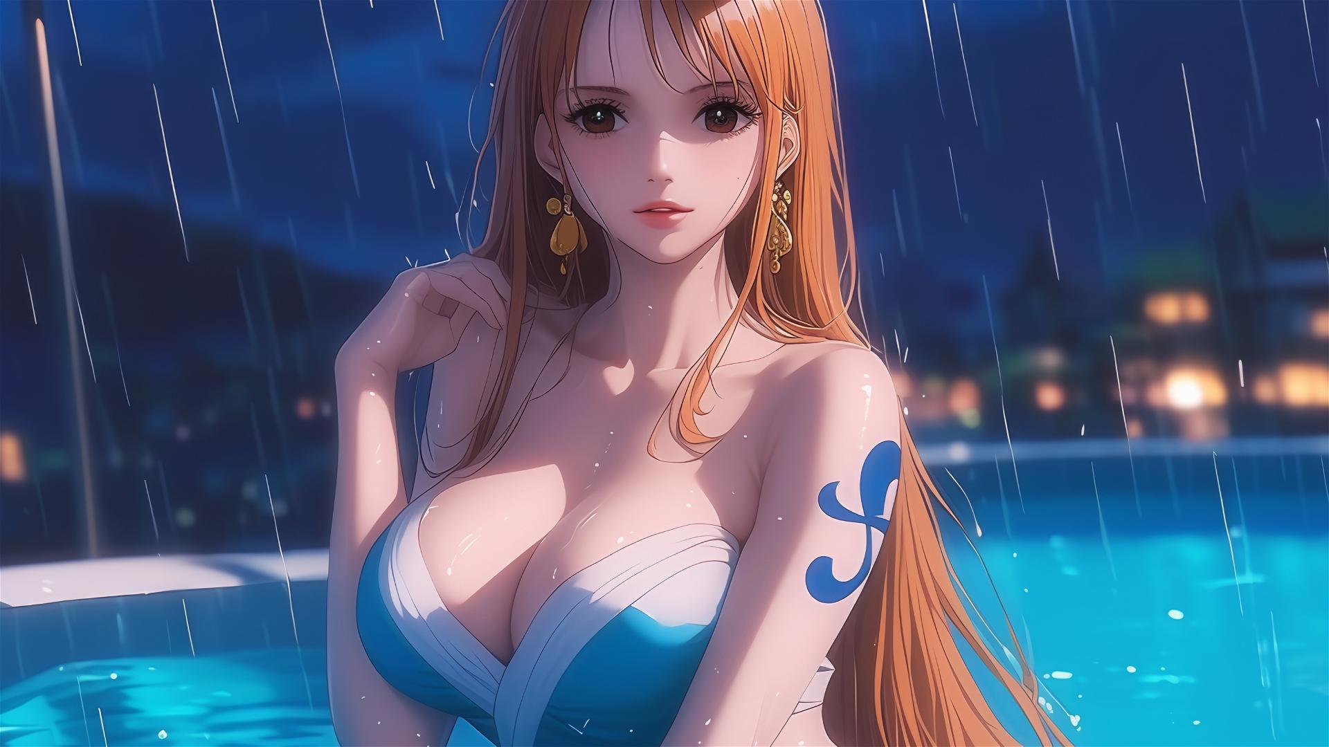 Nami from One Piece, resting leisurely in tub with moon light highlighting her figure