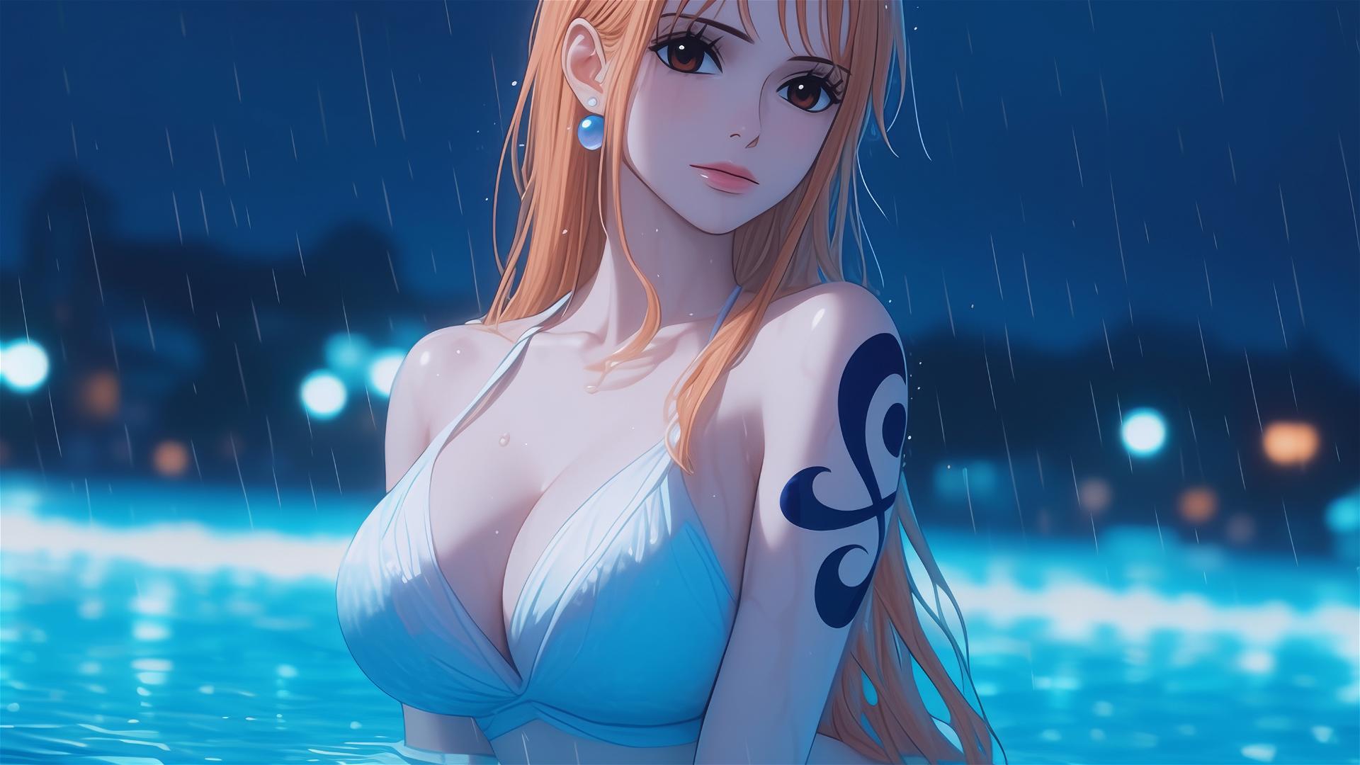 Nami, a character from One Piece, reclining in her apartment's tub under a moonlit and rainy night