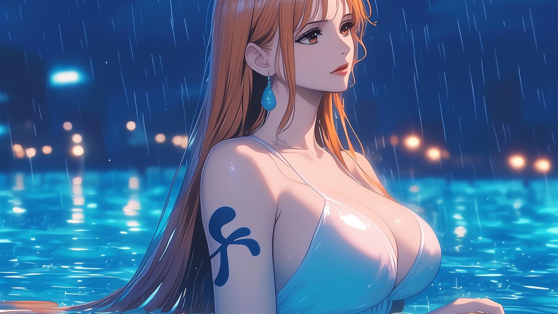 Nami from One Piece resting in a tub, moonlit and rainy ambiance