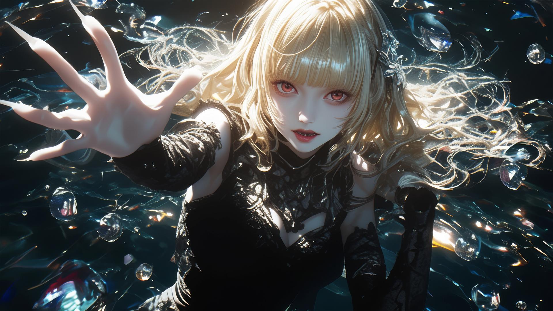 Isolated shot of Misa Amane from Death Note on dark background with dynamic pose highlighting thigh, enhanced with a spotlight effect