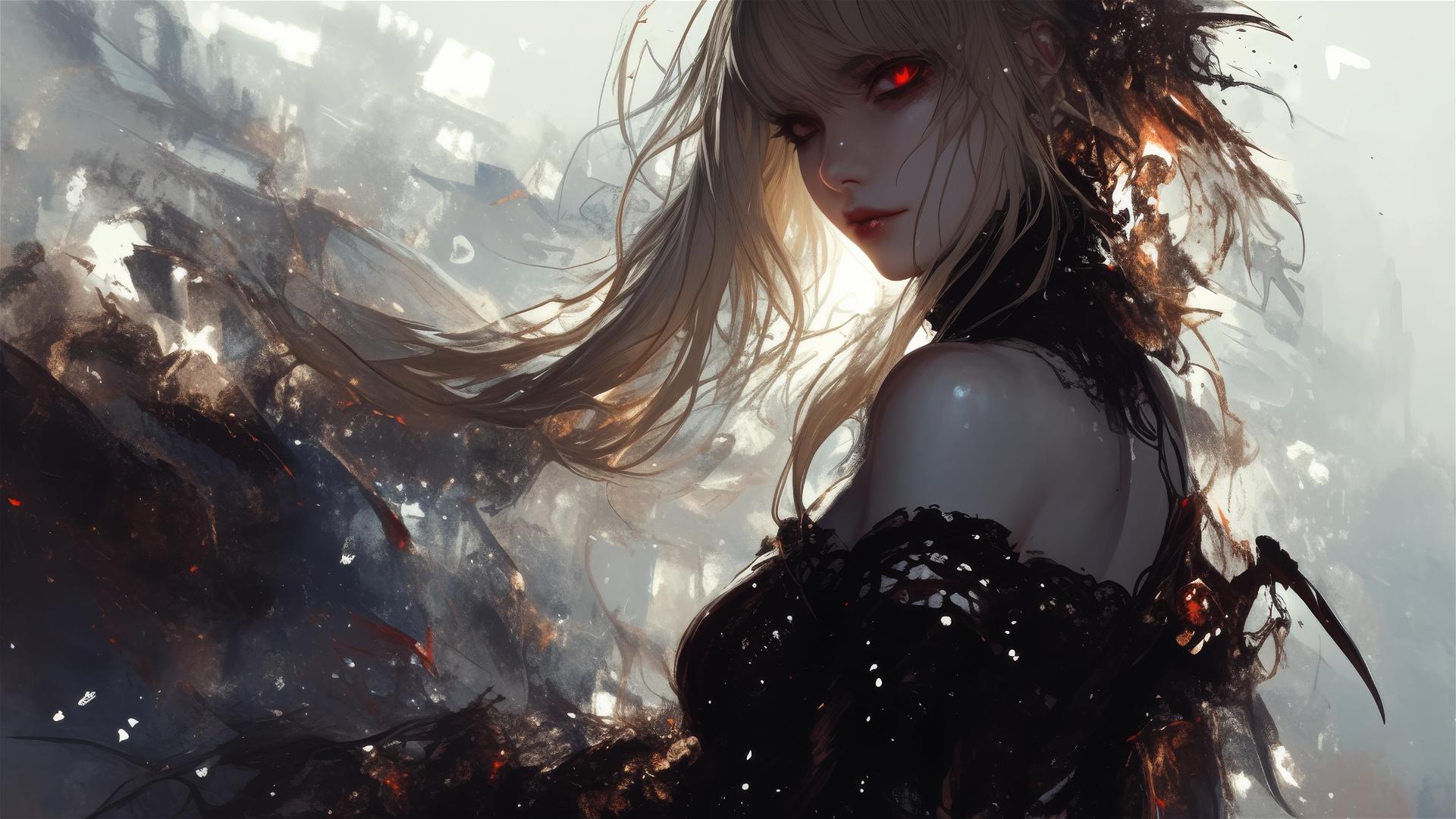Misa Amane from Death Note with captivating red eyes in a dark, foggy atmosphere highlighted by a subtle spotlight
