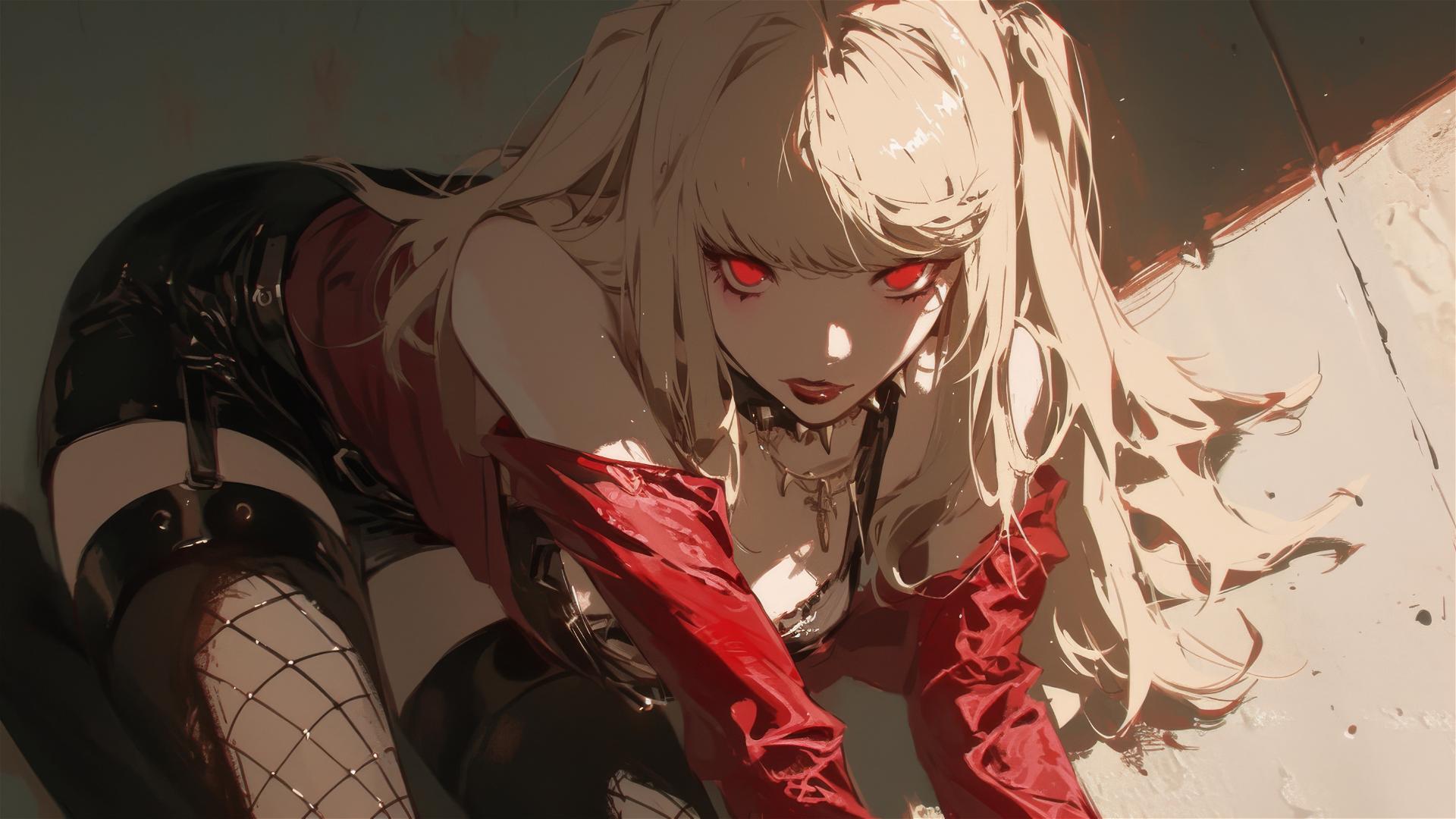 Misa Amane from Death Note jumping with deep shadows and intense red eyes, illuminated by a spotlight