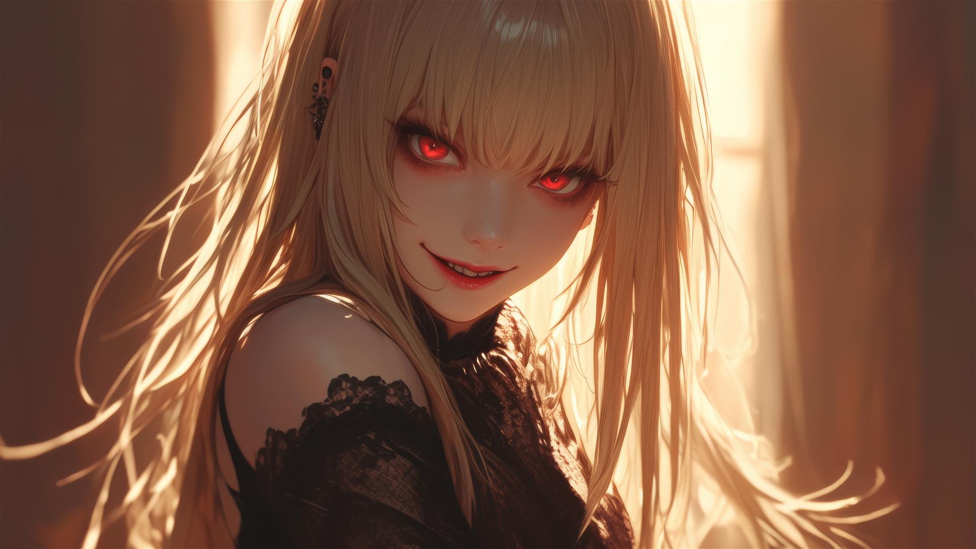 Misa Amane from Death Note with a captivating smile and piercing red eyes on a dark, blurred background