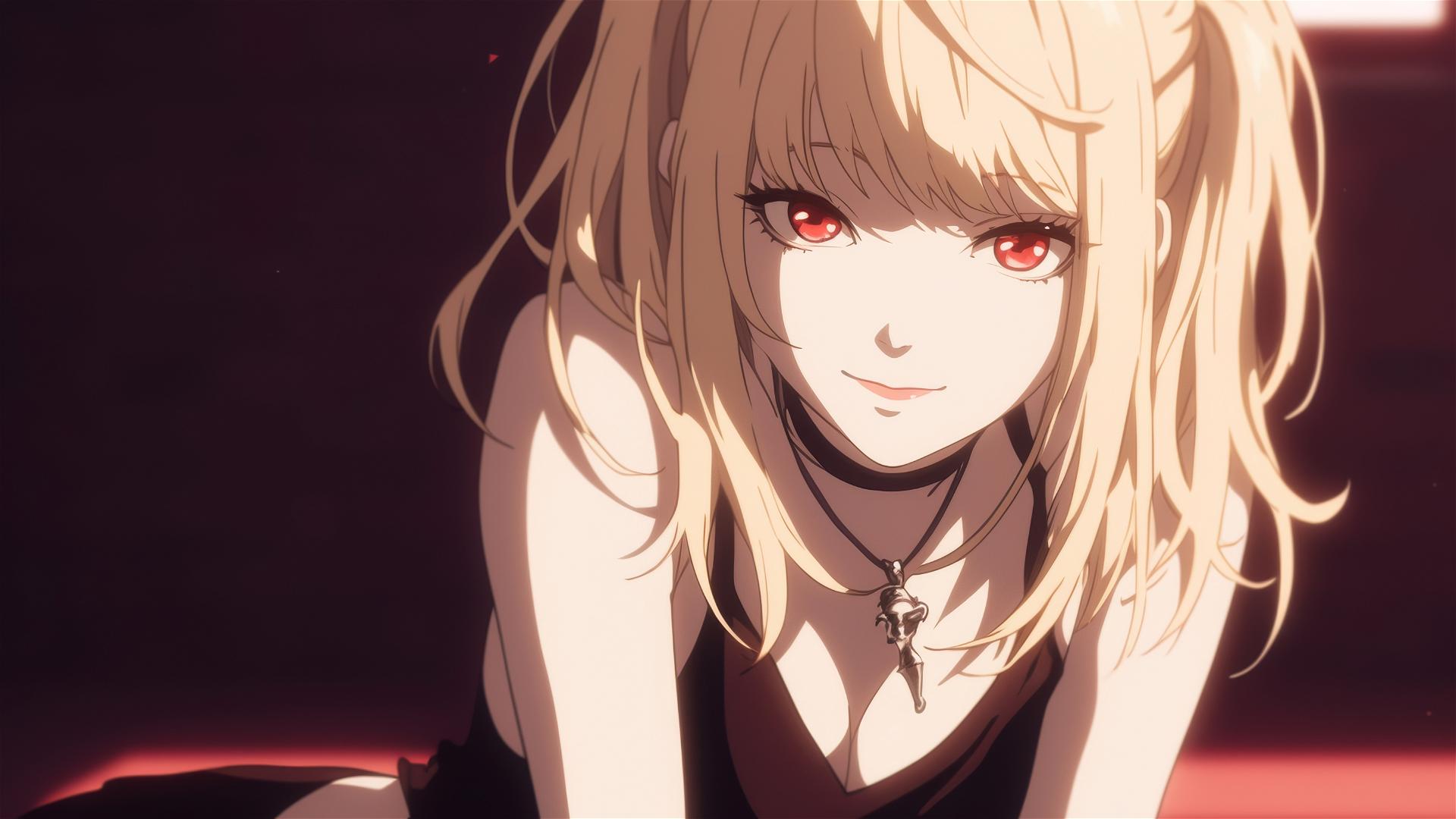 Misa Amane from Death Note with captivating smile and piercing red eyes in a dark blurred background