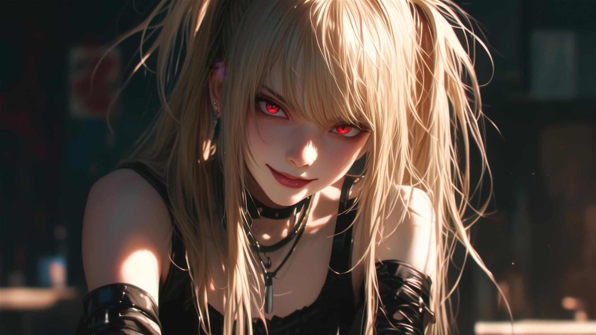 Misa Amane from Death Note in a dark blurred background with captivating smile and red piercing eyes under spotlight
