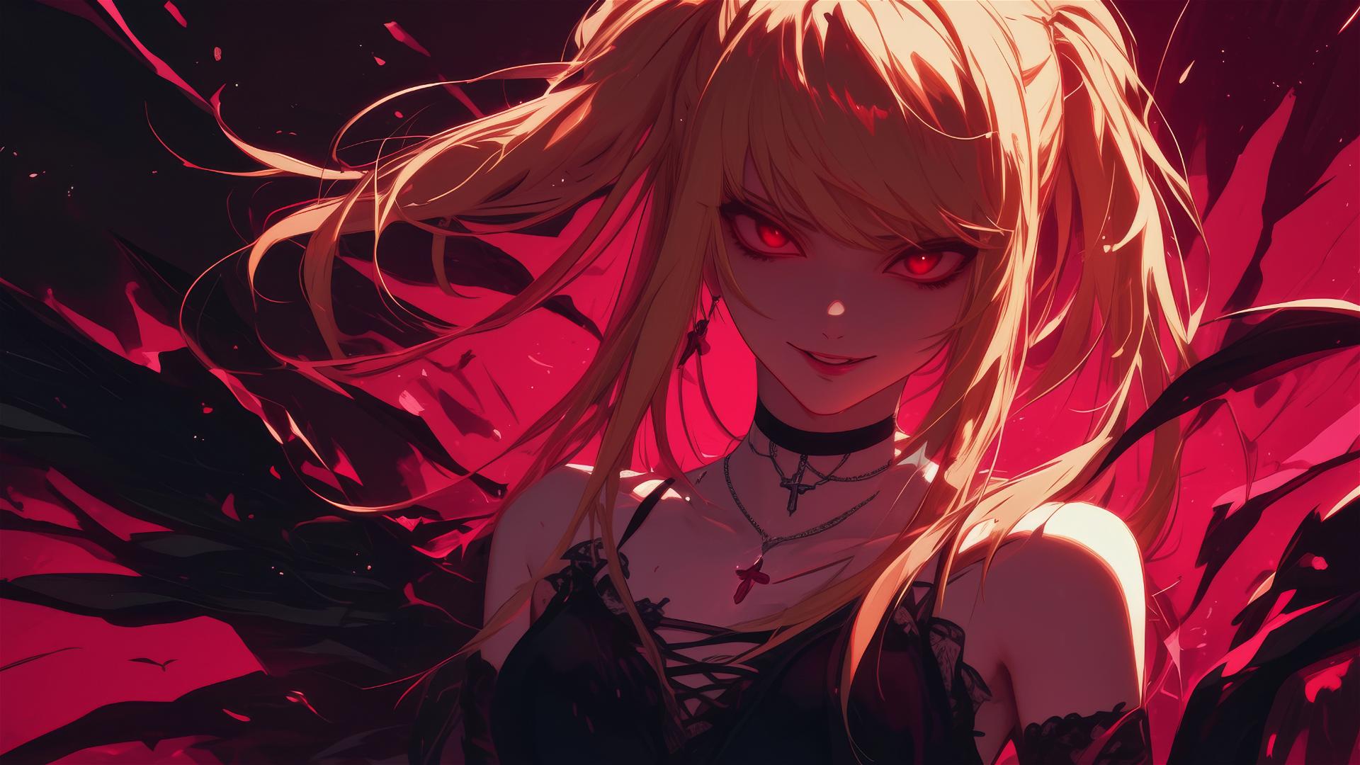 Misa Amane twirling with vivid red eyes and spotlight effect