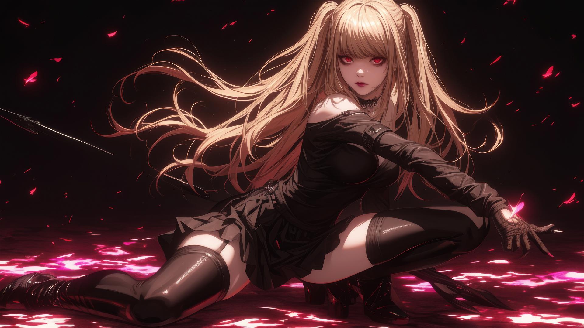Isolated shot of Misa Amane from Death Note on a dark background, dynamic pose emphasizing thigh, with red eyes and spotlight effect