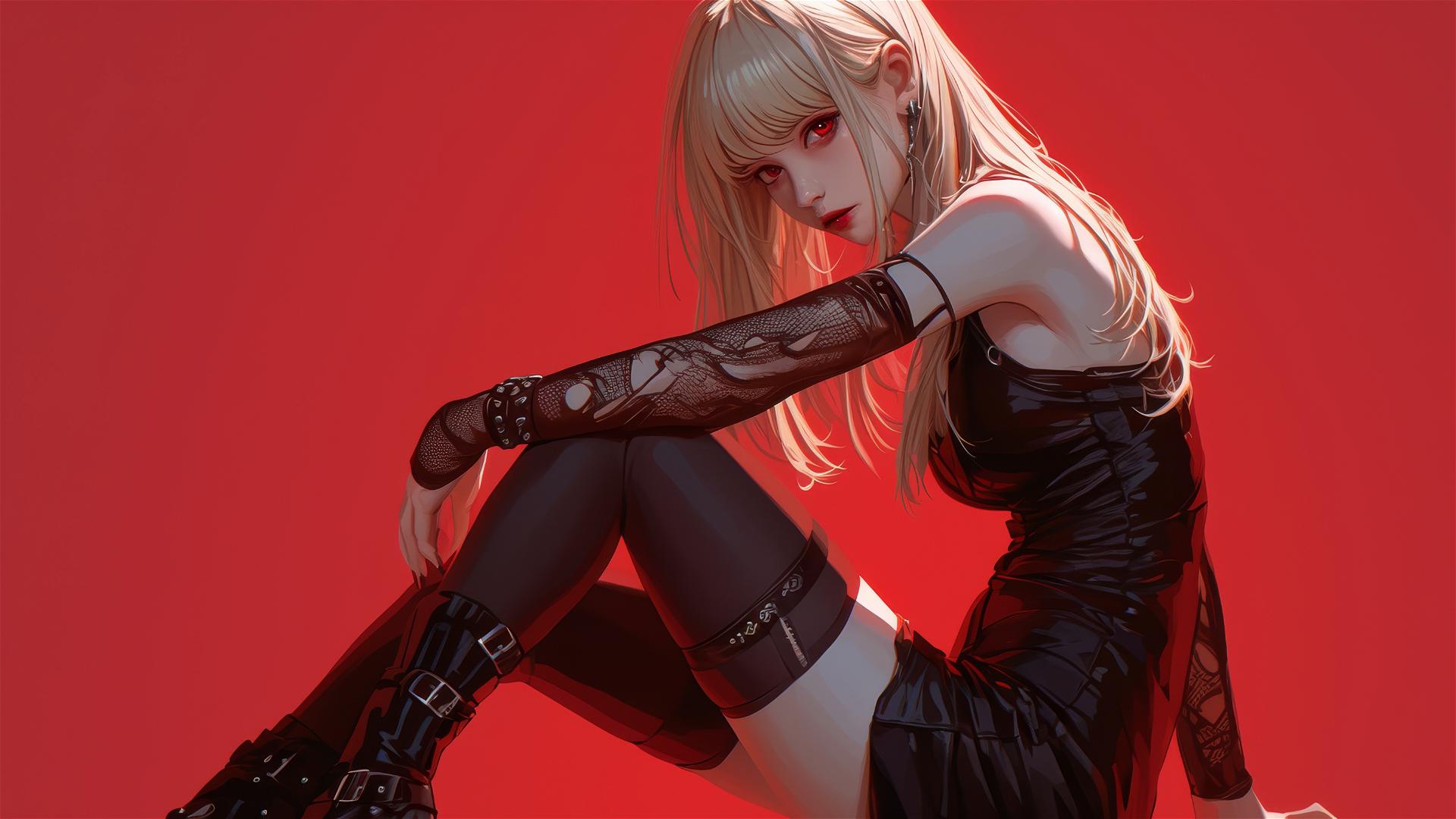 Misa Amane in dynamic pose with red eyes on dark background