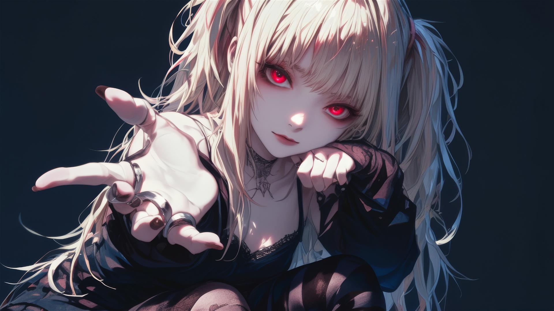 Misa Amane from Death Note on dark background, dynamic pose emphasizing thigh, red eyes, and spotlight effect