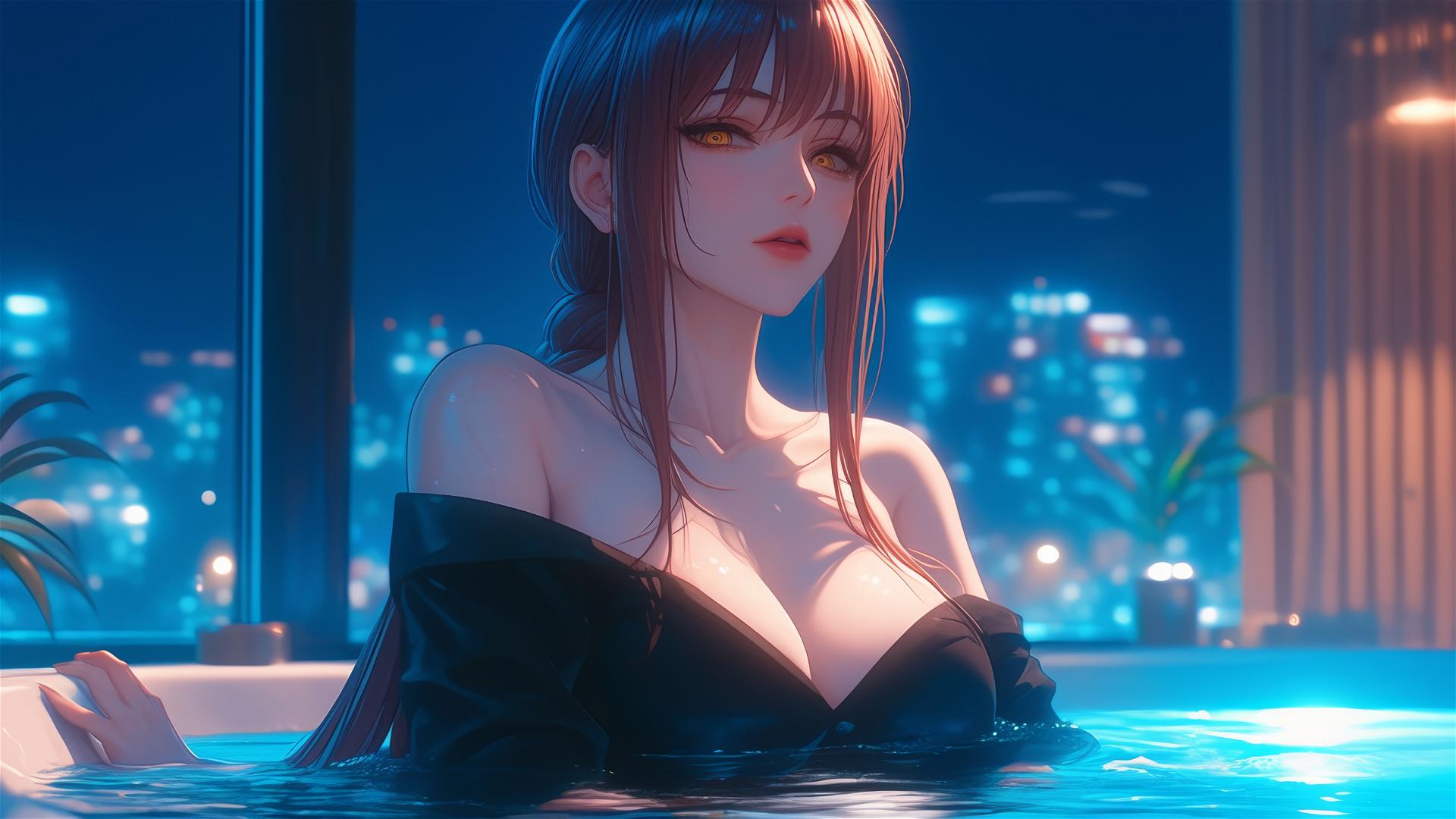 Makima from Chainsaw Man resting in apartment tub under moonlight glow, with blond and reddish hair