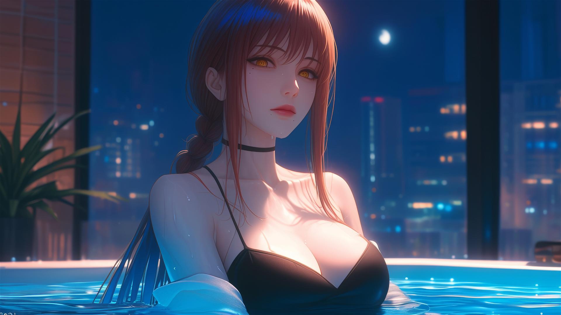 Makima from Chainsaw Man resting in an apartment tub under moonlight