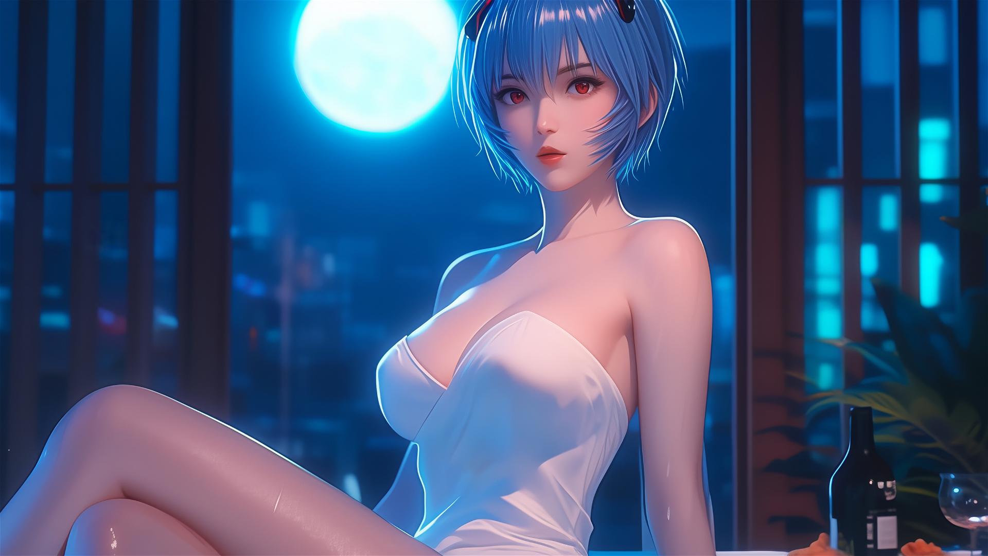 Rei Ayanami from Neon Genesis Evangelion resting in a tub, moon light casting a soft glow