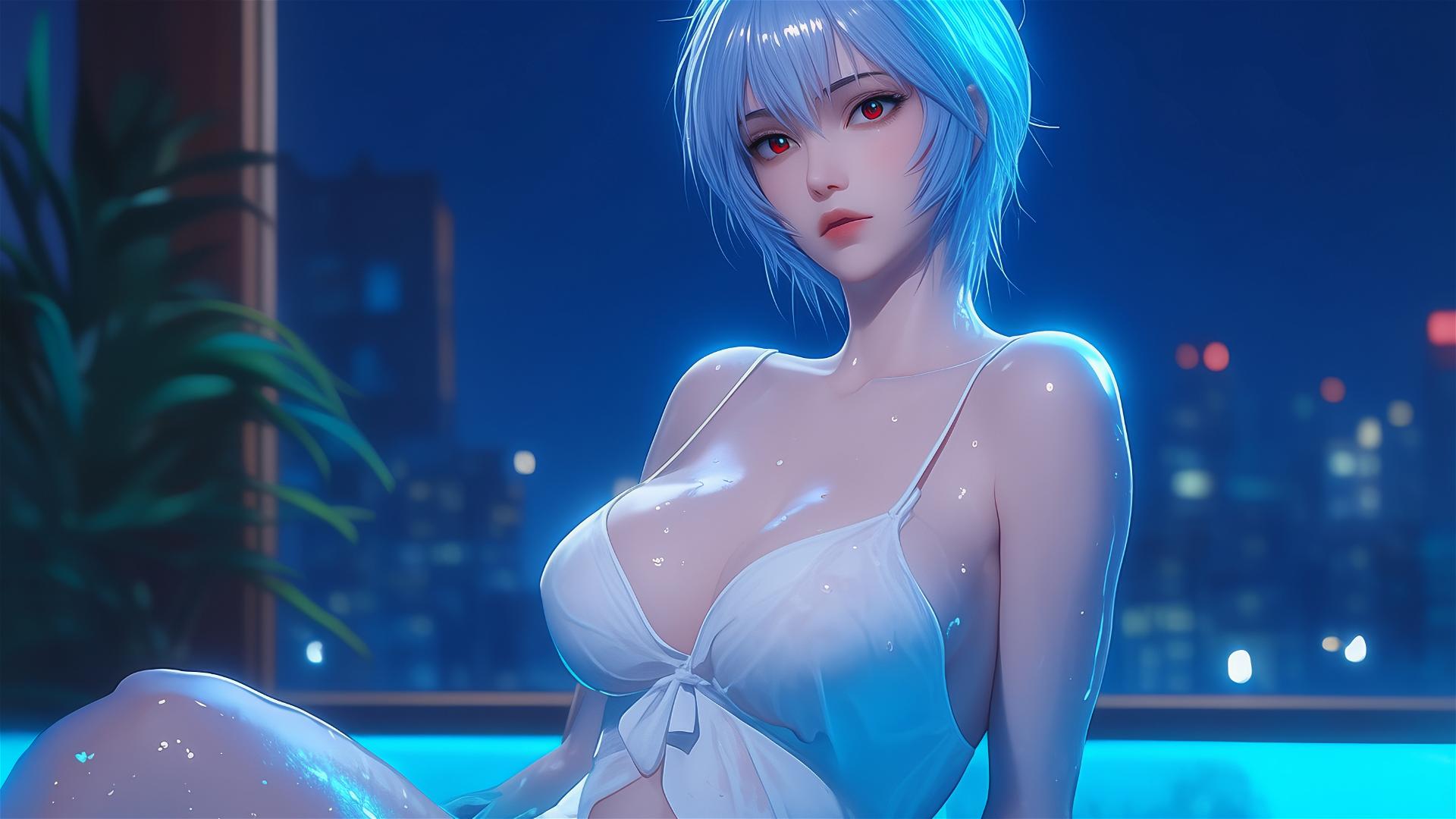 Rei Ayanami from Evangelion resting in a tub under moonlight, short blue hair visible