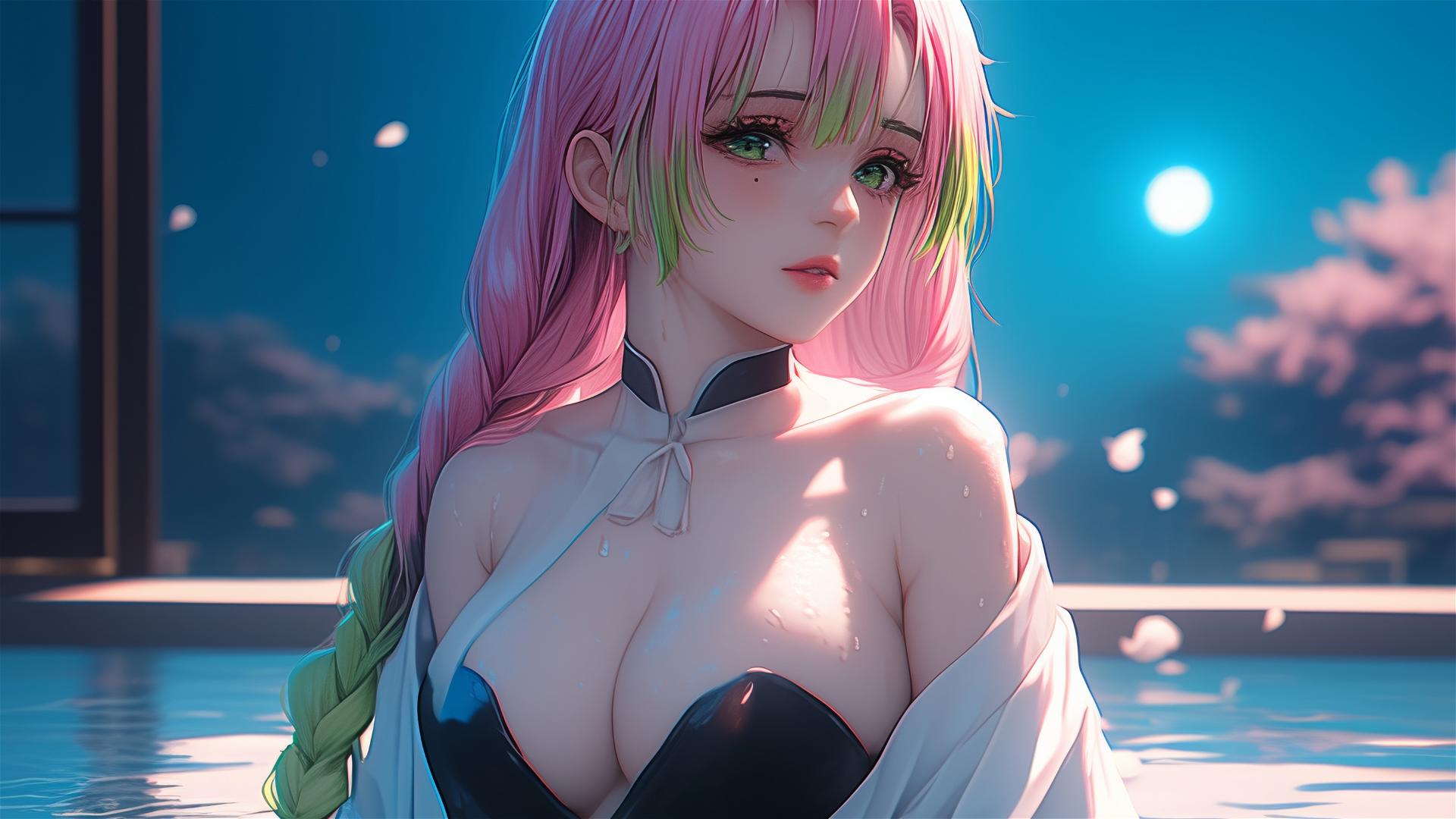 Mitsuri Kanroji from Demon Slayer resting in tub by moonlight, light pink to lime green hair.