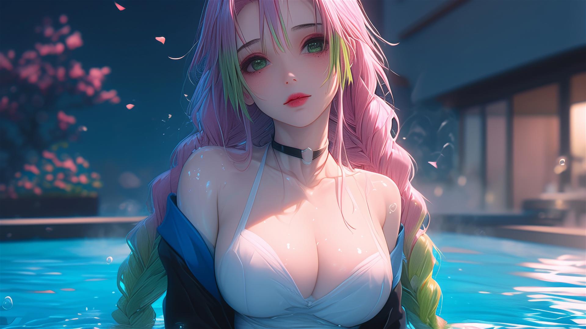 Mitsuri Kanroji from Demon Slayer resting in a tub under moonlight, with light pink hair fading into lime green