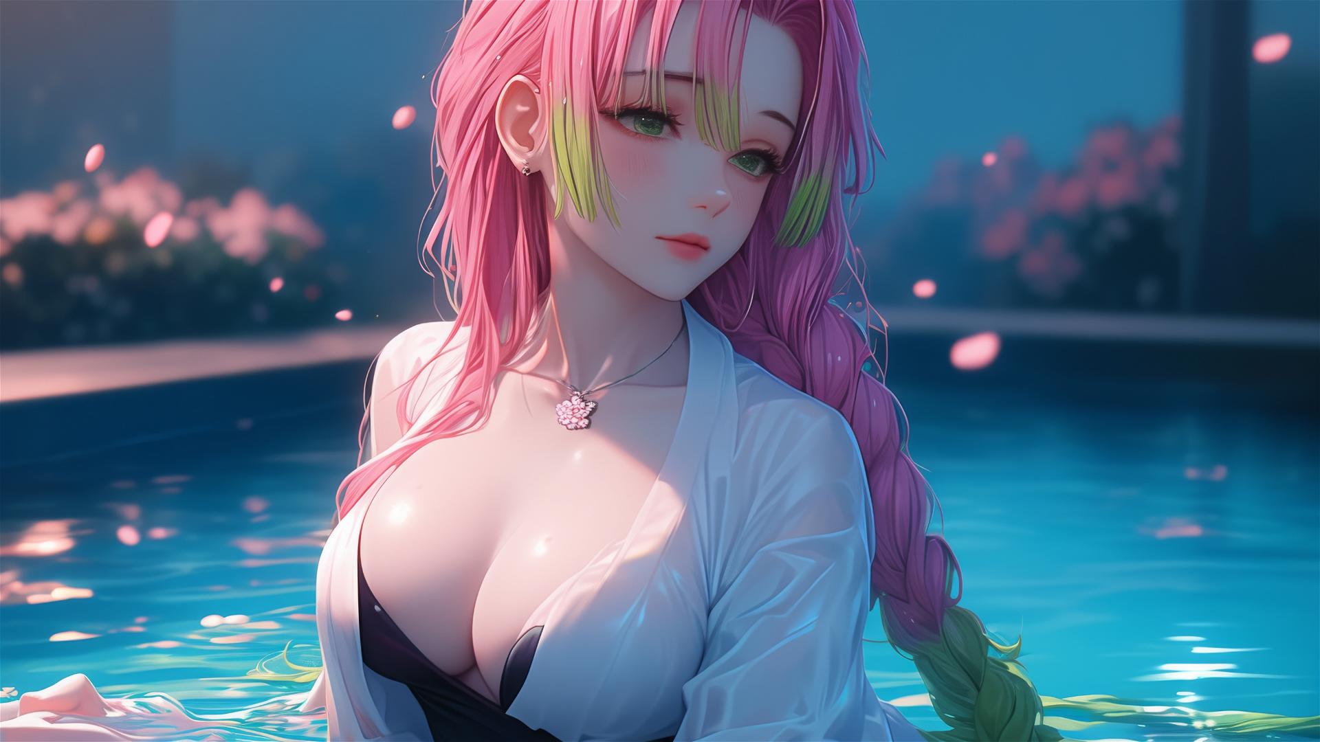 Image of Mitsuri Kanroji from Demon Slayer, resting in her apartment's tub under moonlight, with light pink to lime green hair transition
