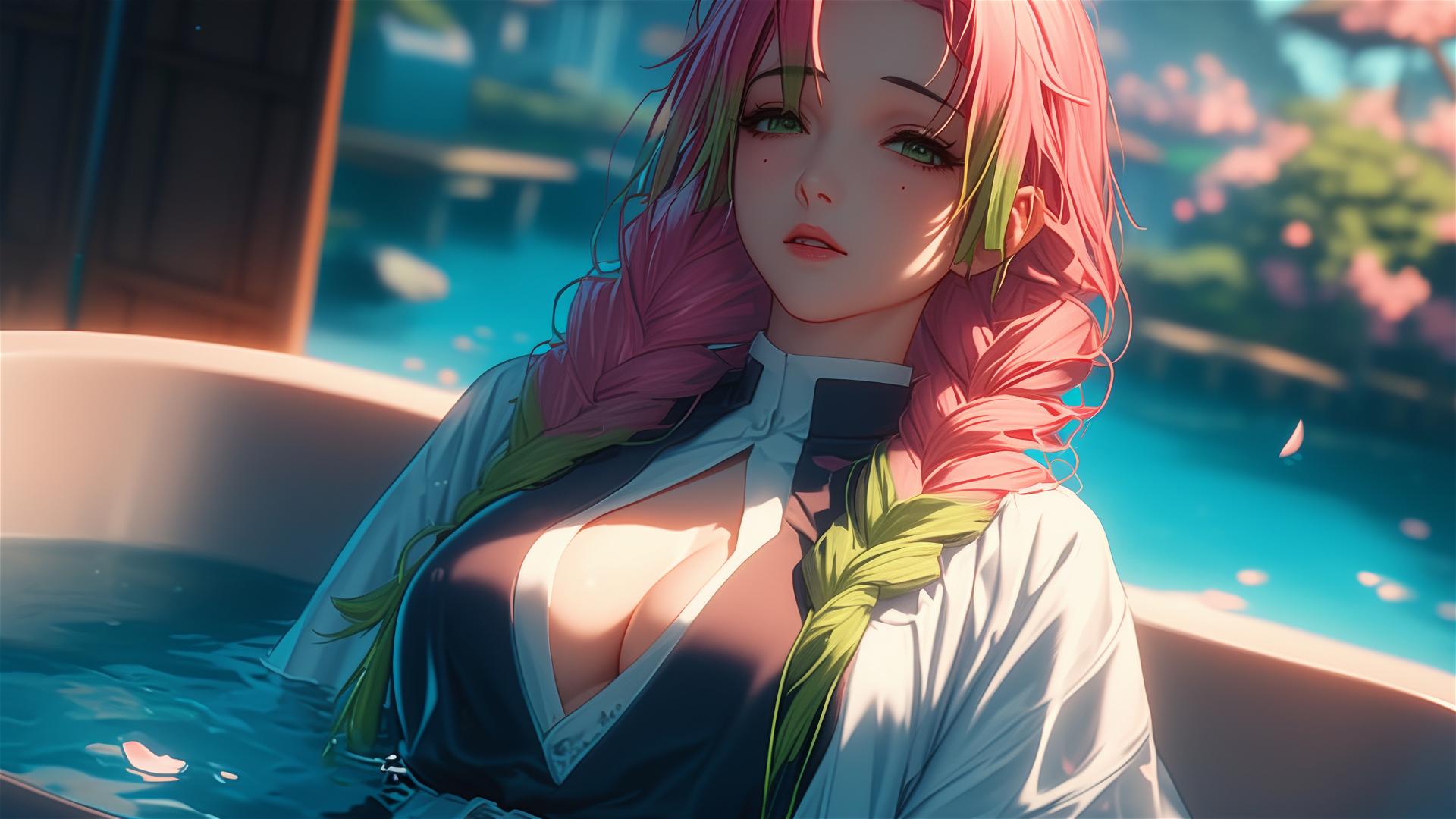 Mitsuri Kanroji from Demon Slayer resting in a tub, moonlight cast on her pink to lime green hair