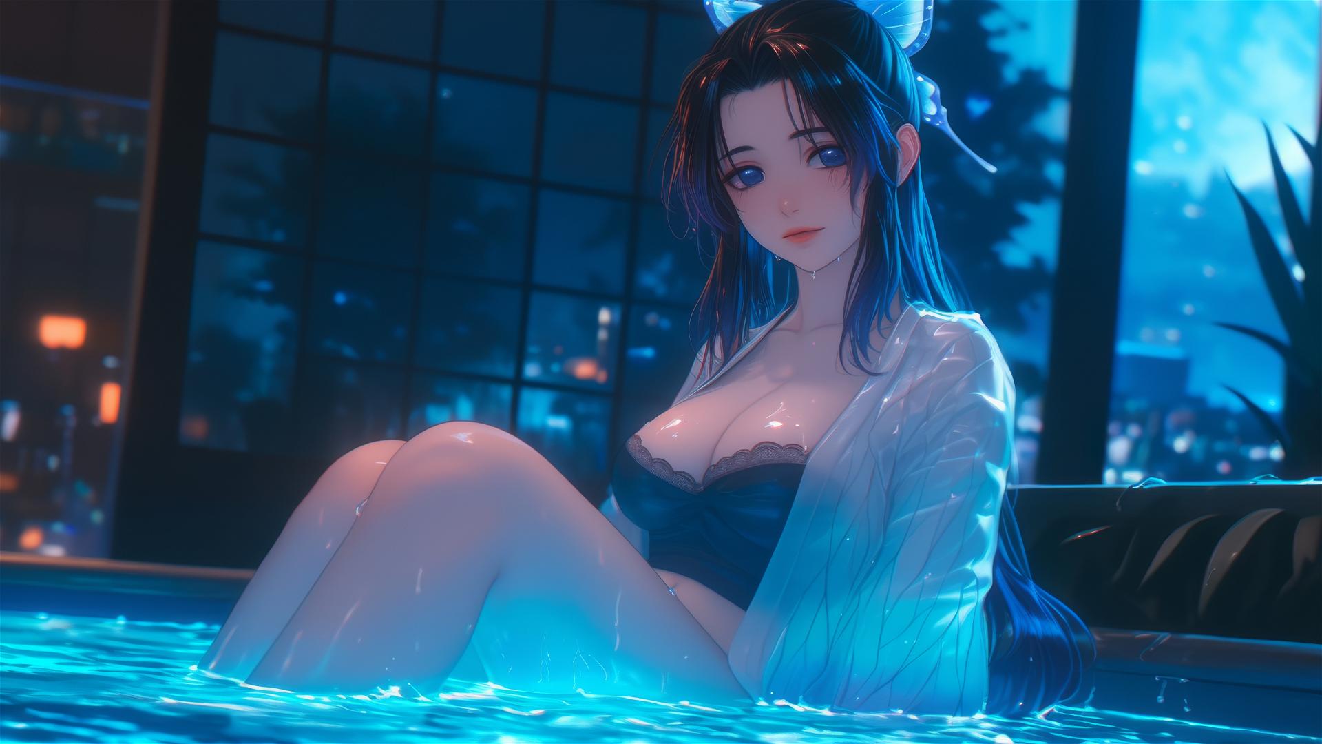 Shinobu Kocho from Demon Slayer resting in tub under moon light