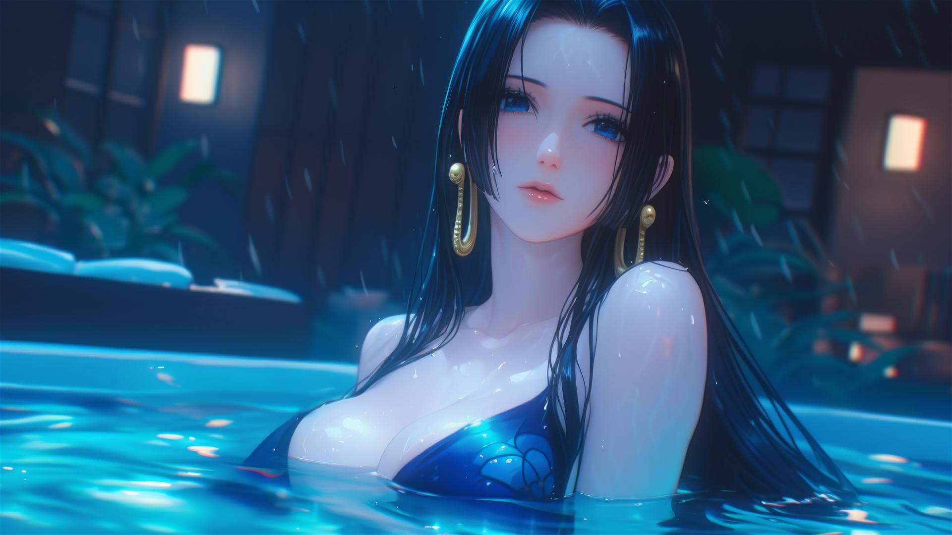 Boa Hancock from One Piece resting in tub with moonlight glow