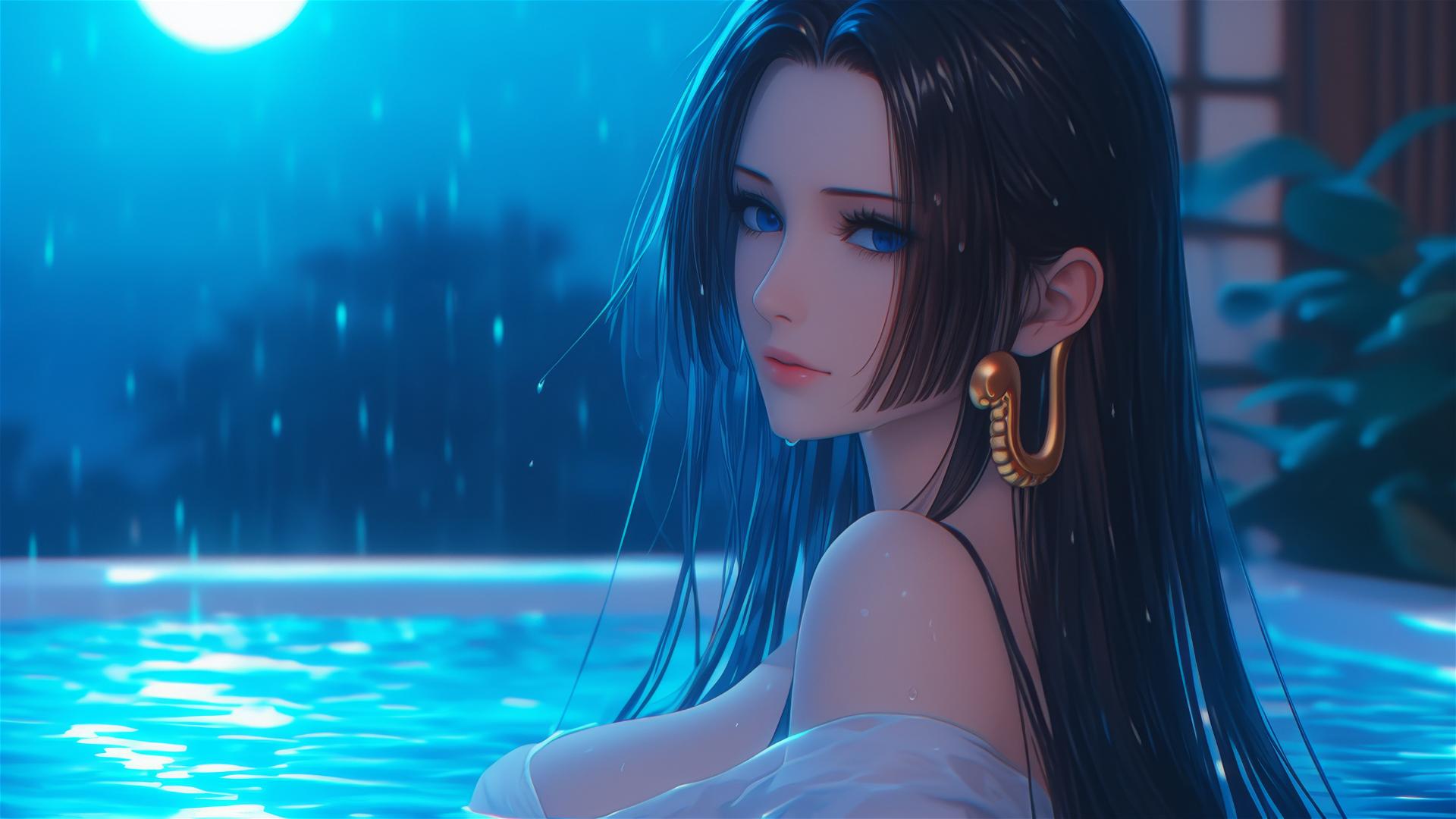 Boa Hancock from One Piece, relaxing in tub under moonlight