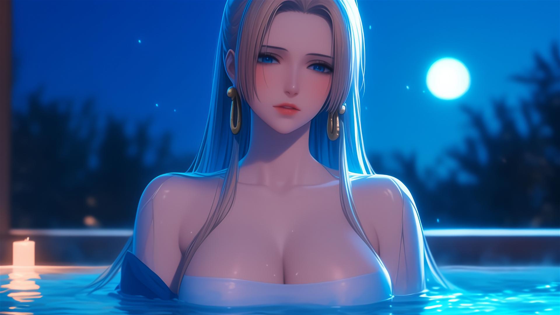 Animated character Boa Hancock from One Piece, relaxing in a tub under moonlight, with radiant blond and redish hair