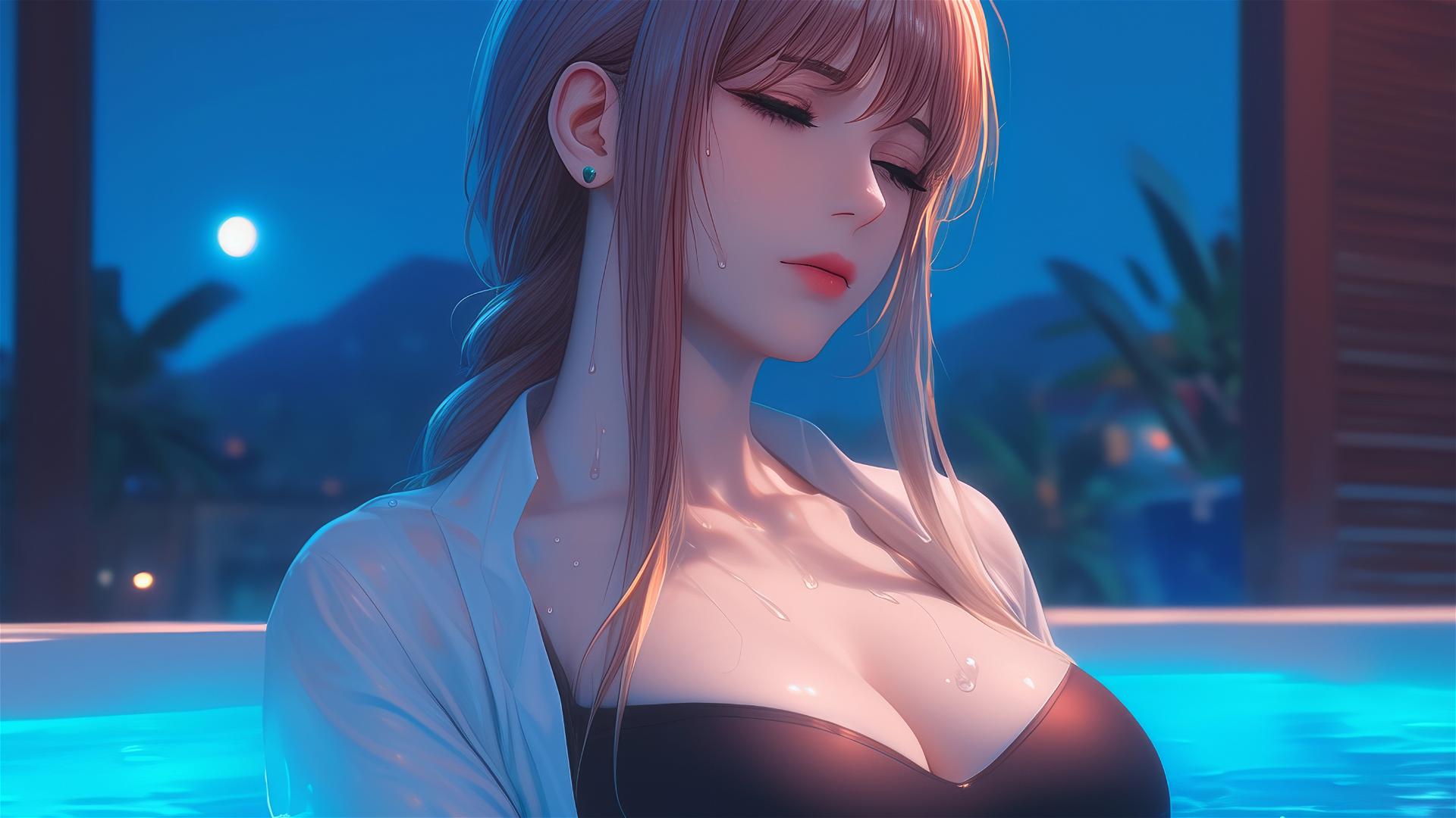 Makima from Chainsaw Man resting in a tub with moonlight casting a soft glow