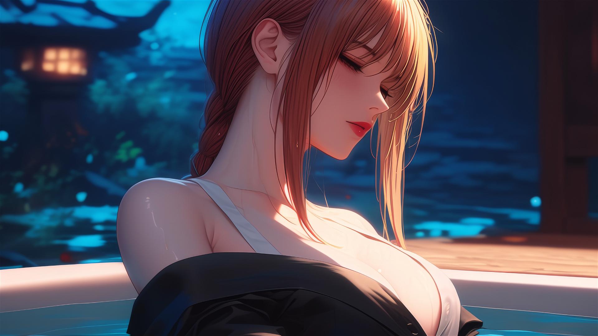 Makima from Chainsaw Man resting in a tub under moonlight