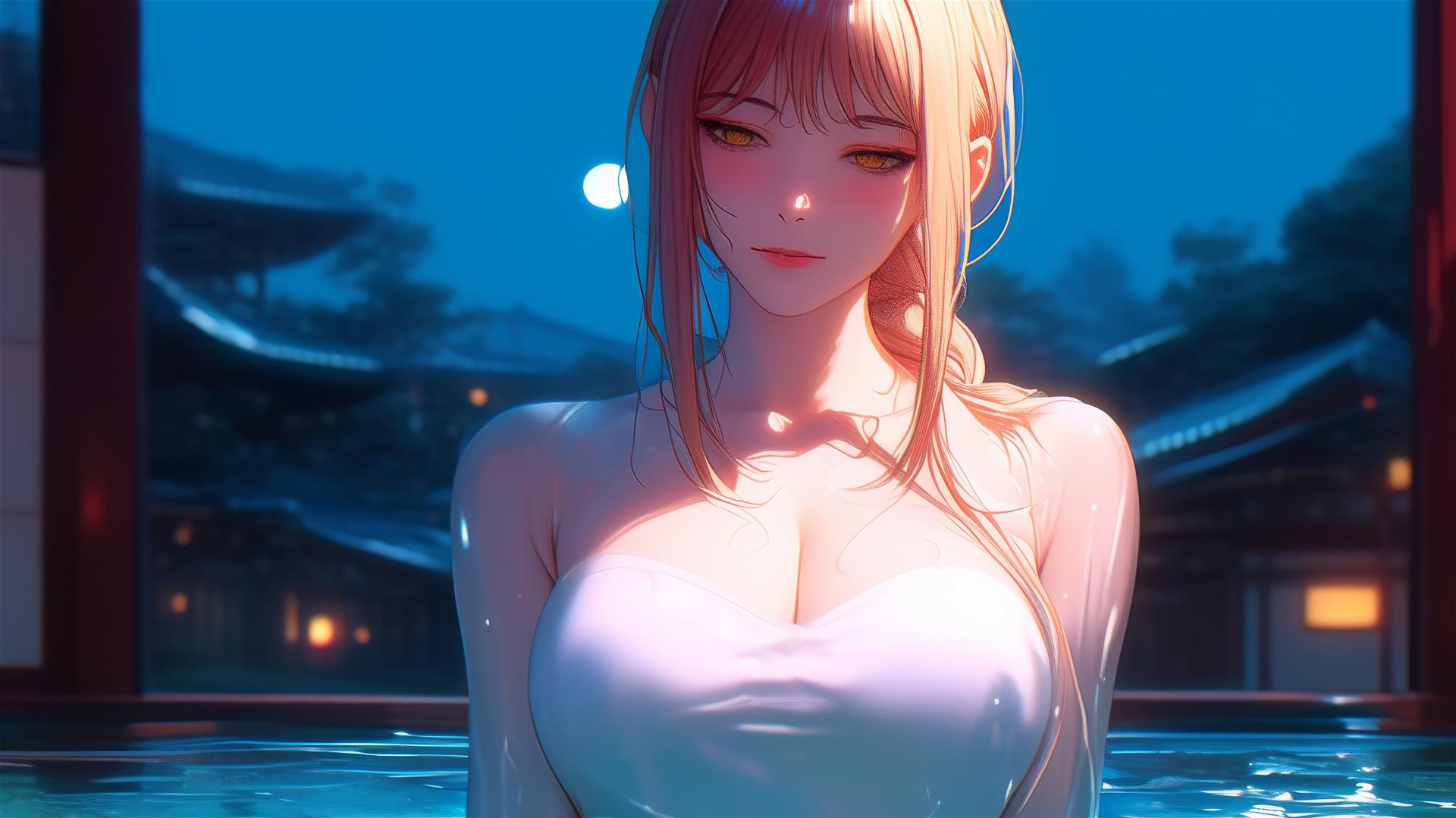 Makima from Chainsaw Man resting in a tub under moonlight