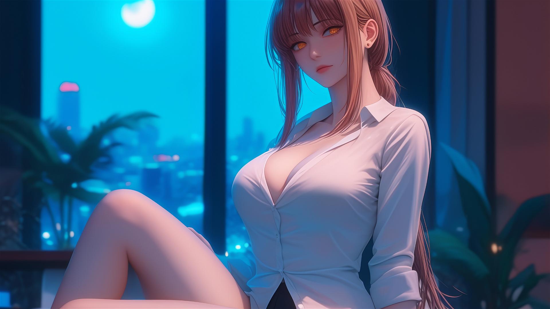 Makima from Chainsaw Man resting in apartment under moonlight with blondish-red hair