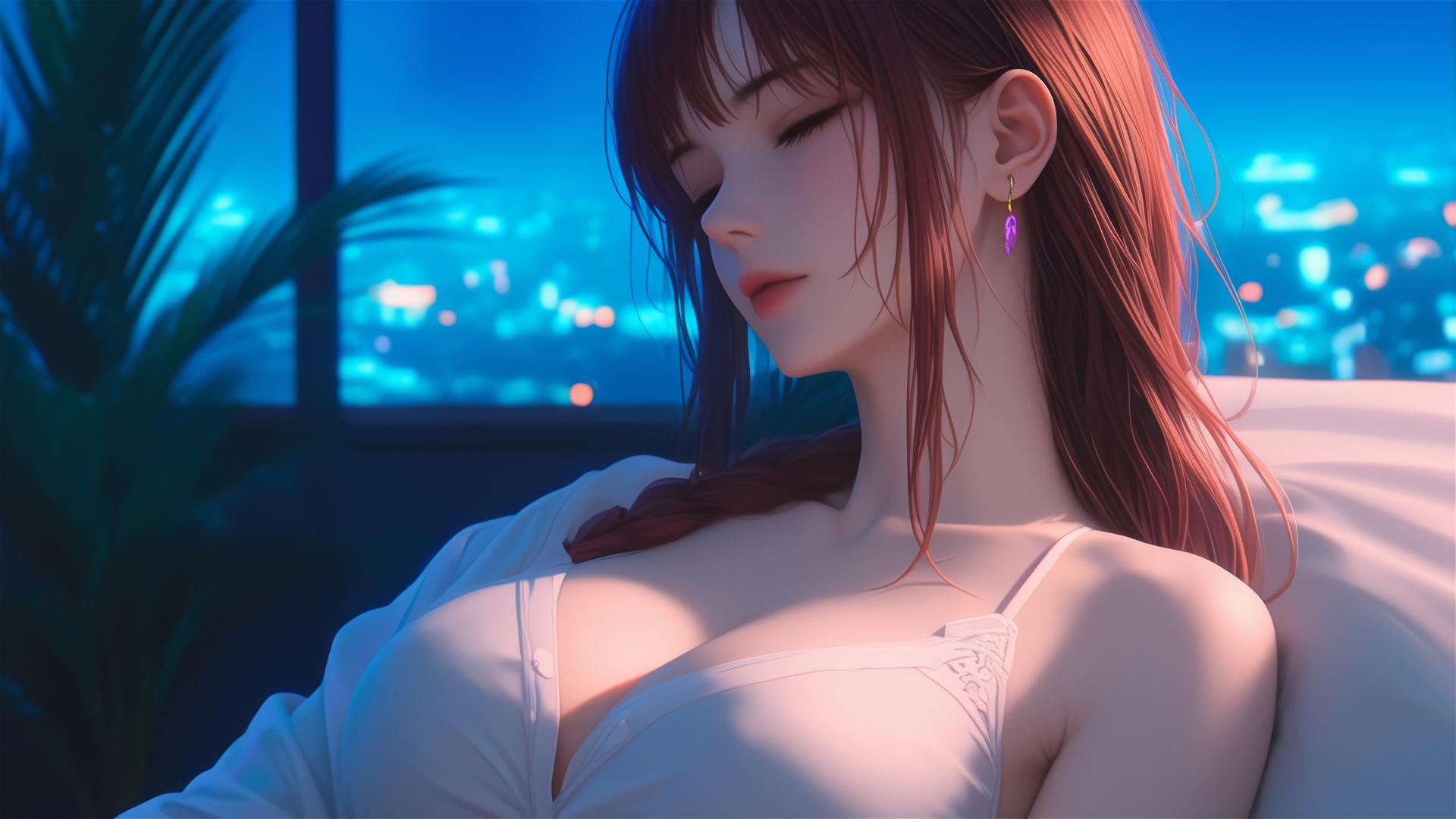 Makima from Chainsaw Man resting in apartment under moonlight, blonde and reddish hair.