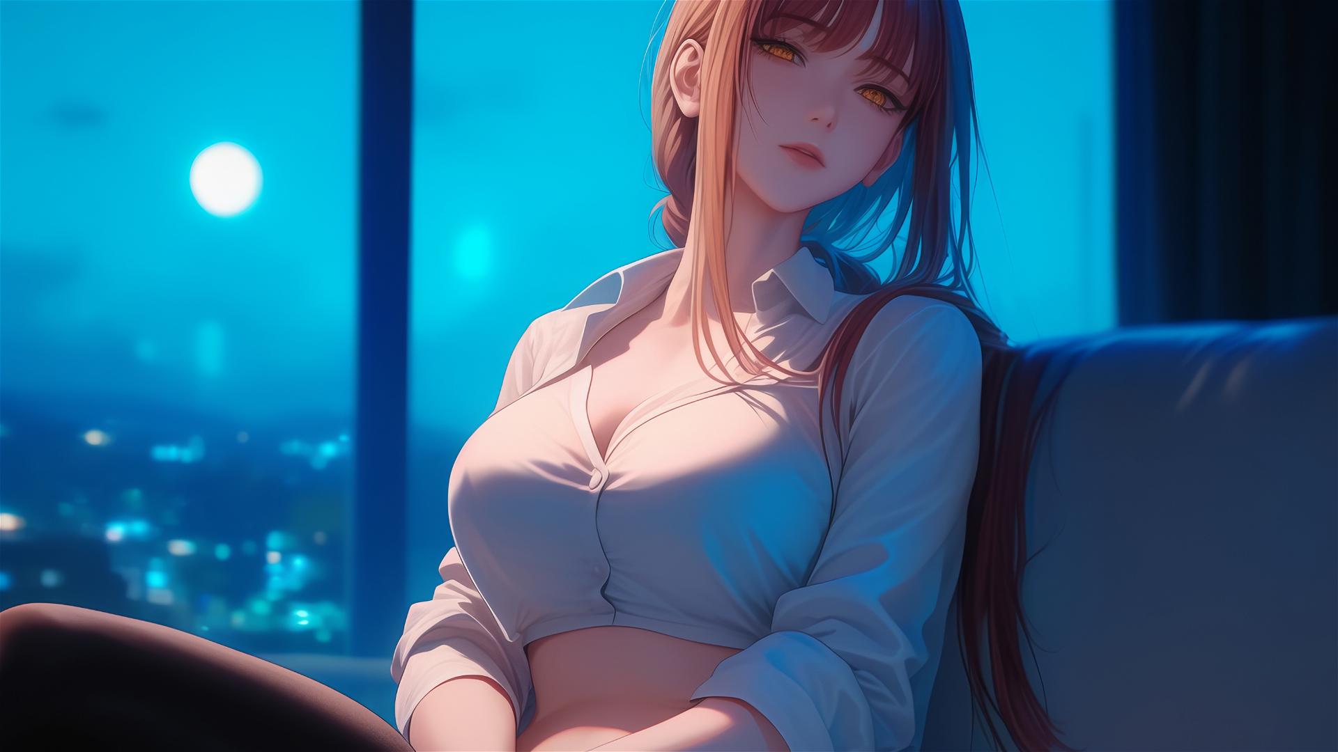Makima from Chainsaw Man resting in moonlight at an apartment, her blond and redish hair glowing softly