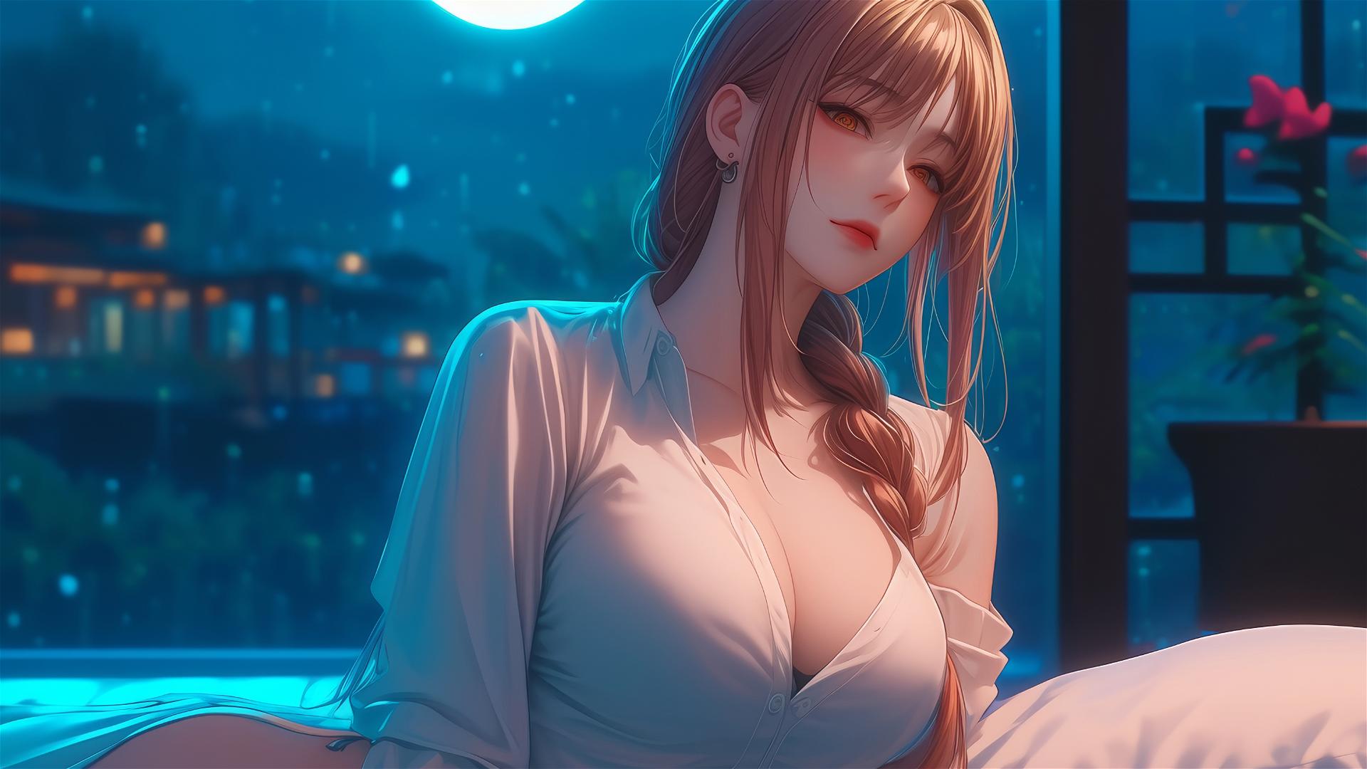 Makima from Chainsaw Man resting in apartment under moonlit glow, showcasing blond to redish hair