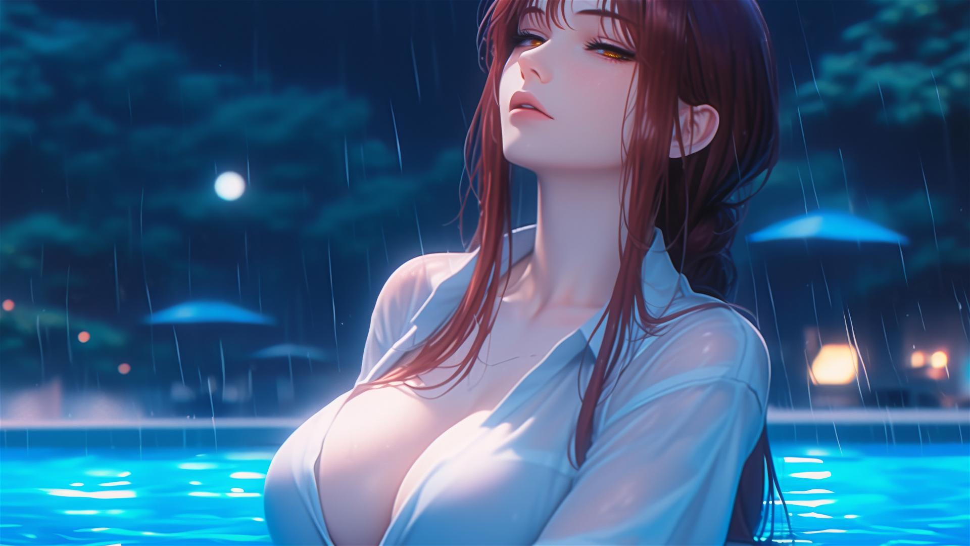 Makima from Chainsaw Man resting by a rainy swimming pool under moonlight, highlighting her blond and redish hair