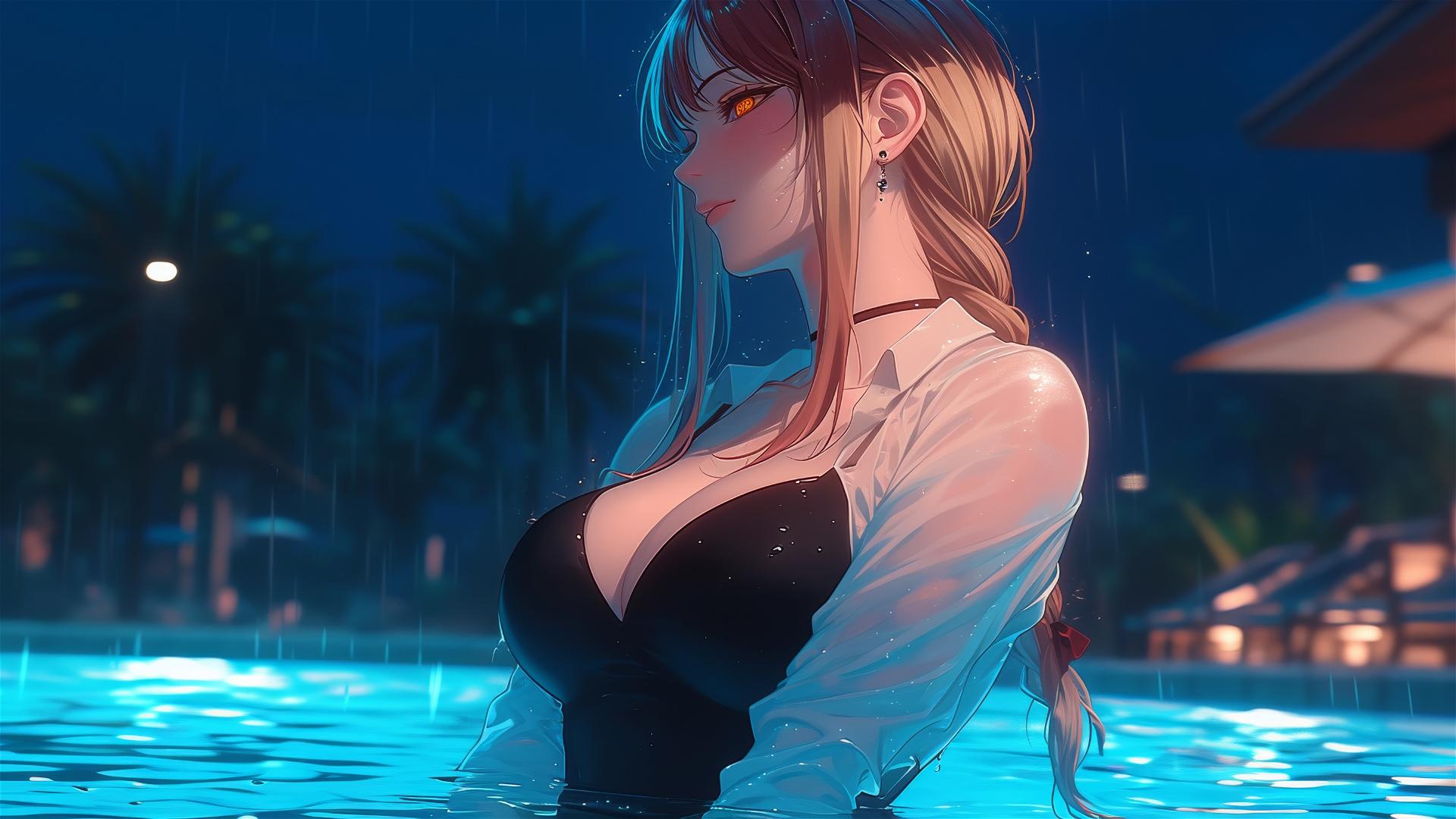 Makima from Chainsaw Man resting by a rainy swimming pool under moonlight with blond and reddish hair.