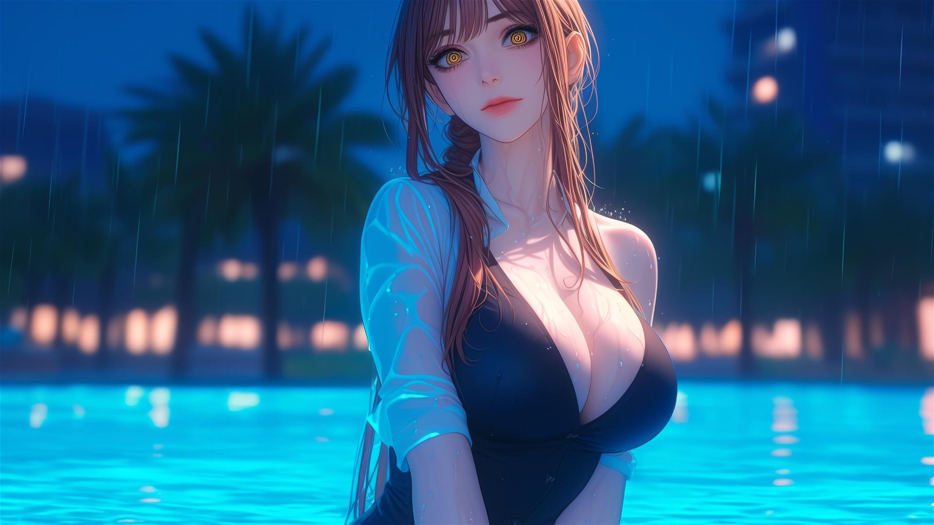 Makima from Chainsaw Man resting by a rainy pool under moonlight, with blond and red-tinted hair