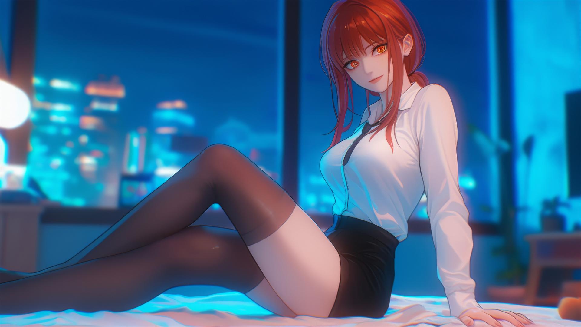 Makima from Chainsaw Man standing in room with a focus on her red hair and foot