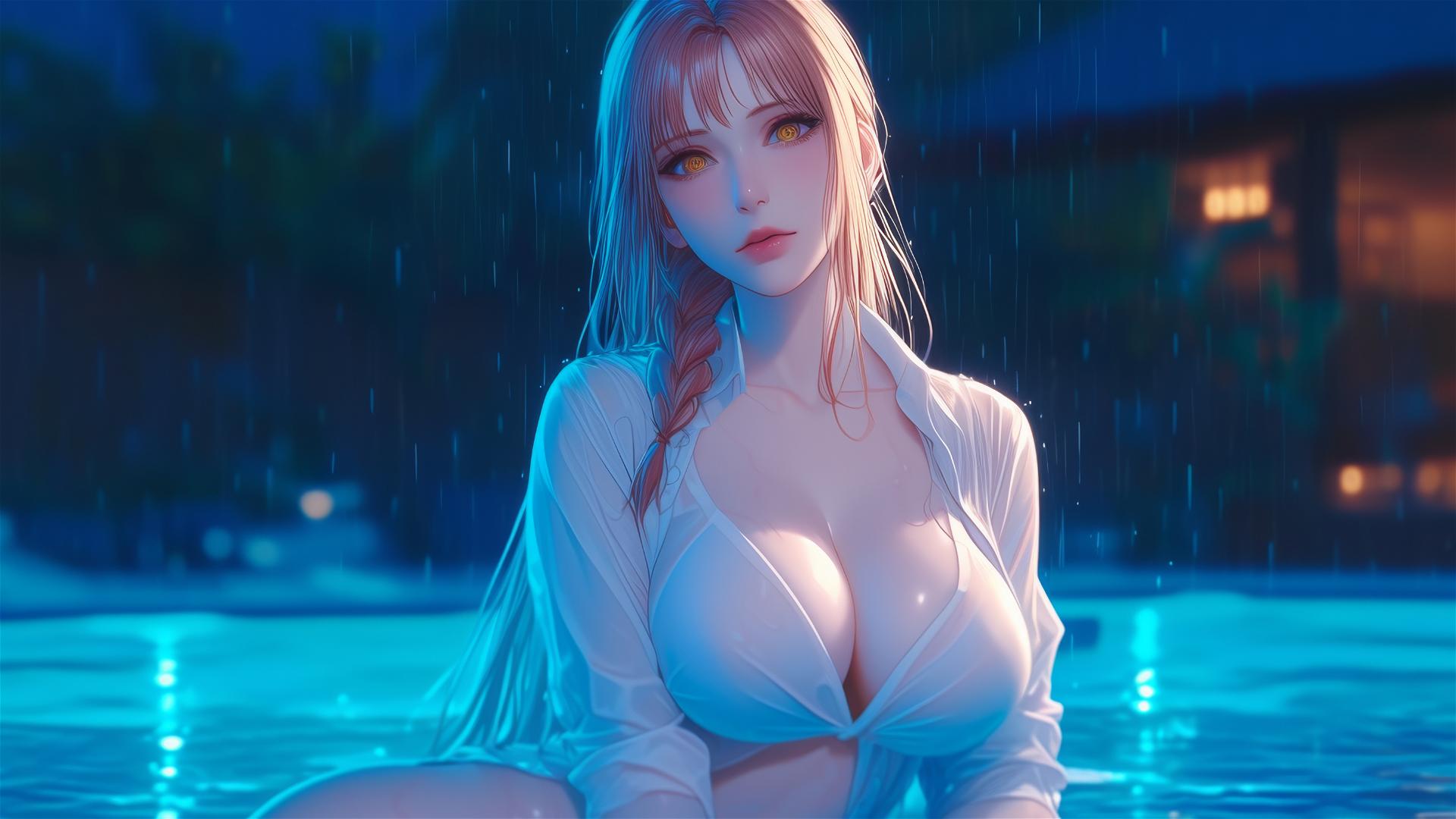 Makima from Chainsaw Man resting beside a rainy pool under the moonlight, with blond and reddish hair