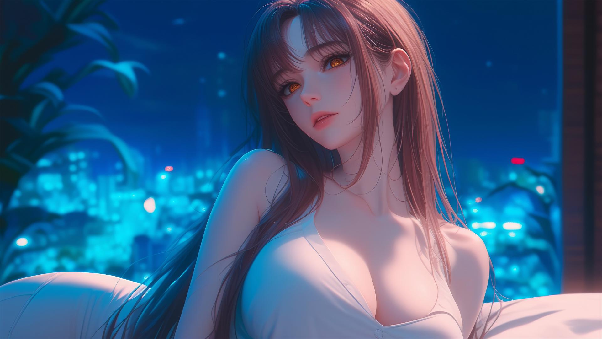 Makima from Chainsaw Man resting in apartment under moonlight, with blond and redish hair