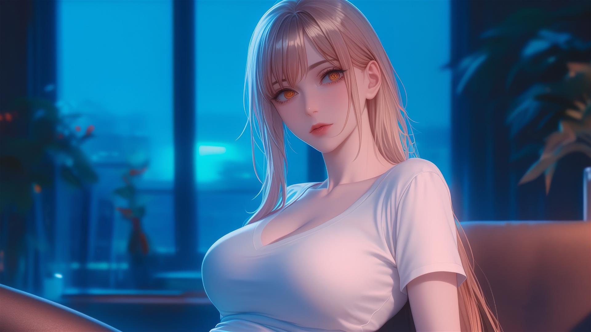 Makima from Chainsaw Man resting in moonlit apartment