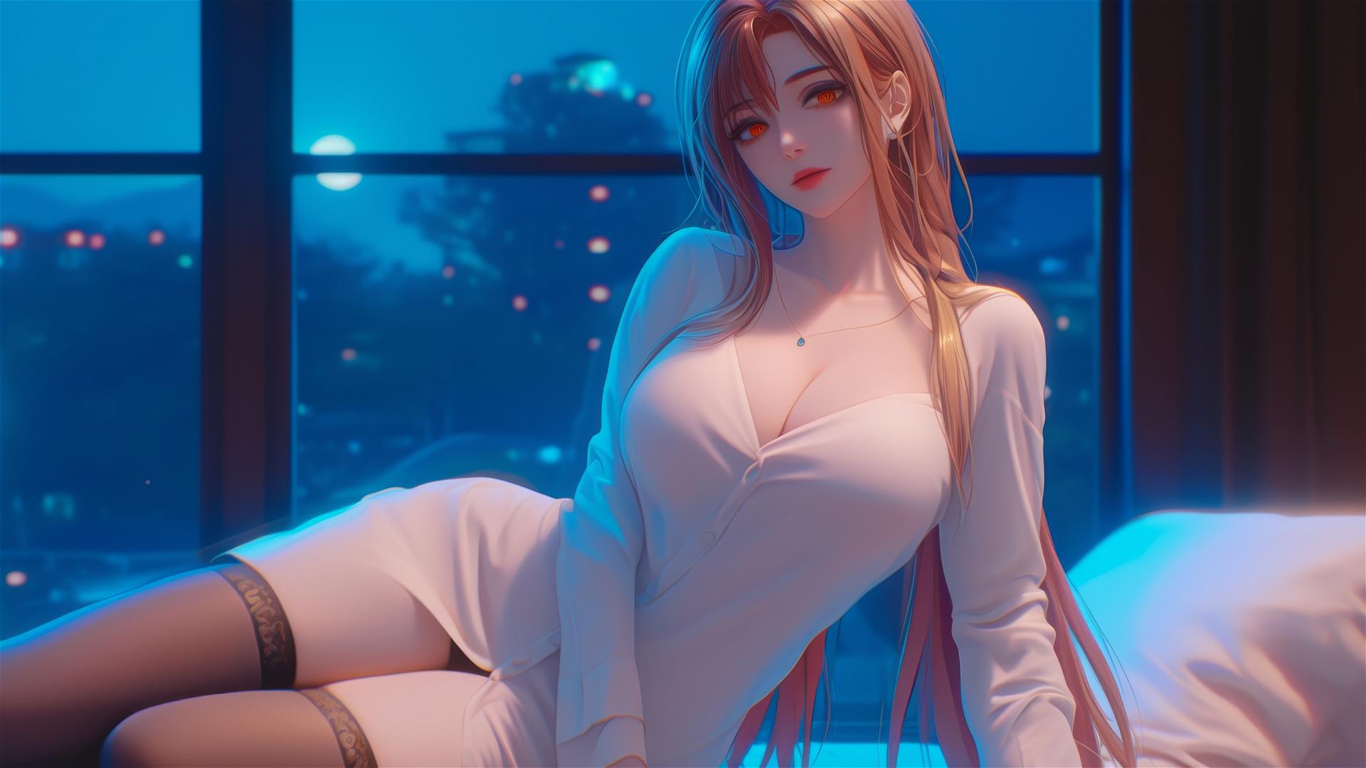 Makima from Chainsaw Man resting in moonlit apartment