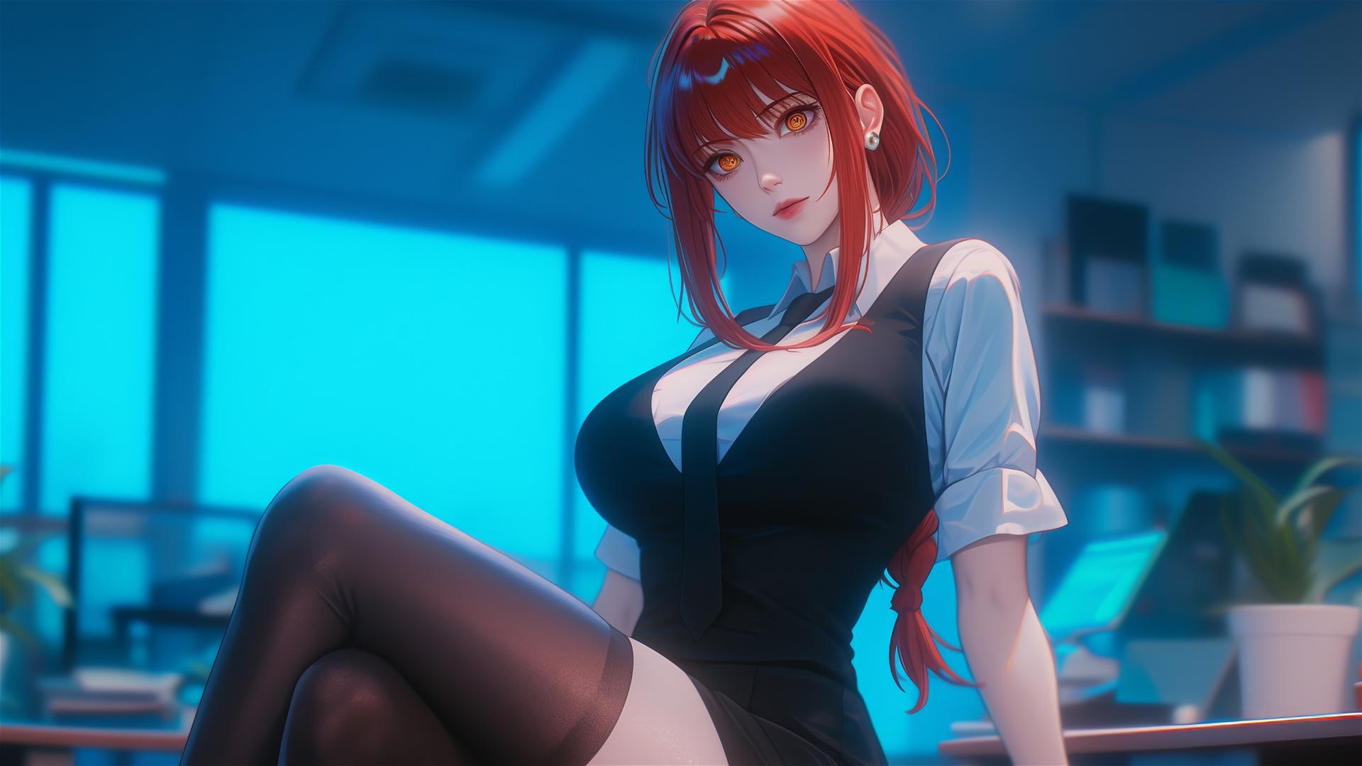 Makima from Chainsaw Man standing in an office, focus on thighs, with reddish hair