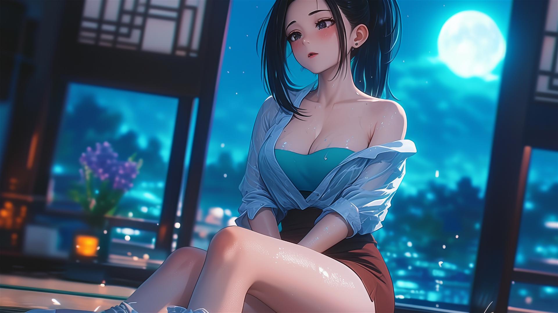 Momo Yaoyorozu from My Hero Academia resting at her apartment in moonlight