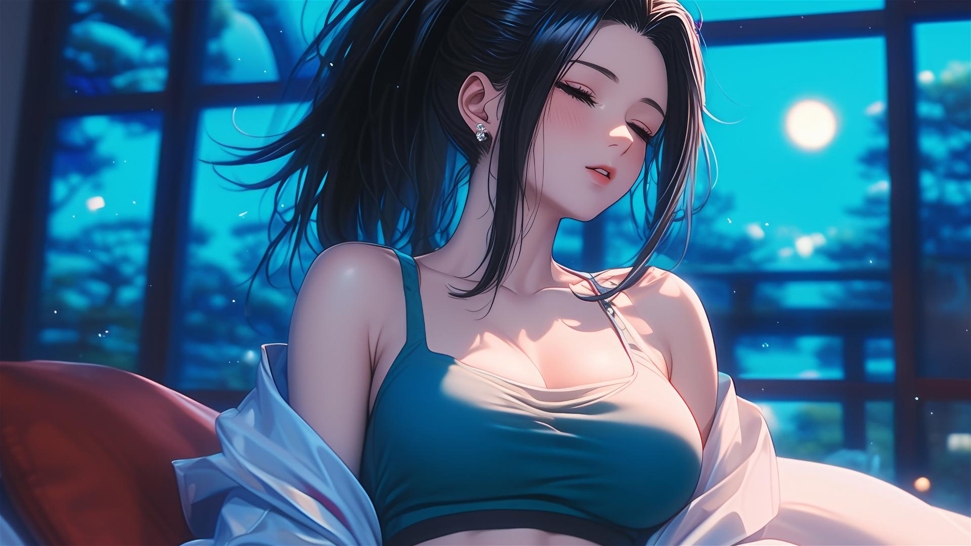 Momo Yaoyorozu from My Hero Academia resting in moonlight at her apartment