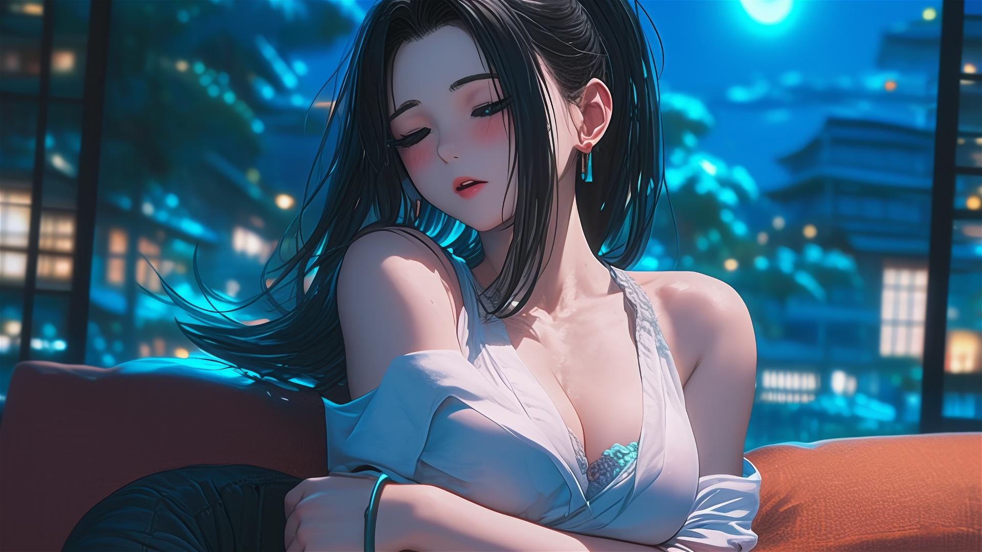 Momo Yaoyorozu from My Hero Academia resting in moonlit apartment