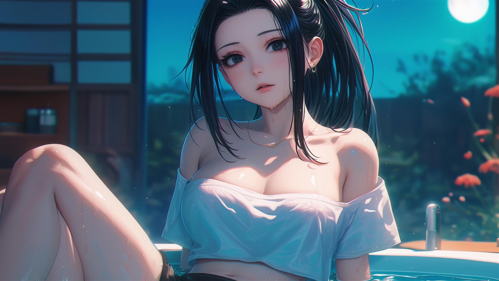 Momo Yaoyorozu from My Hero Academia resting in her apartment tub under moon light