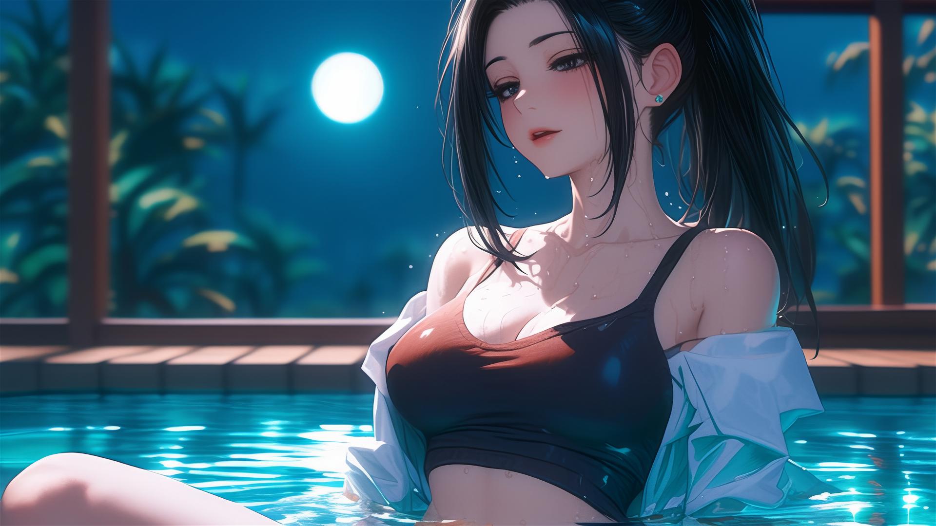 Momo Yaoyorozu from My Hero Academia resting in her apartment's tub under moonlight