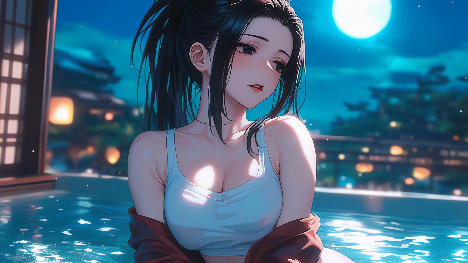 Momo Yaoyorozu from My Hero Academia relaxing in tub under moonlight
